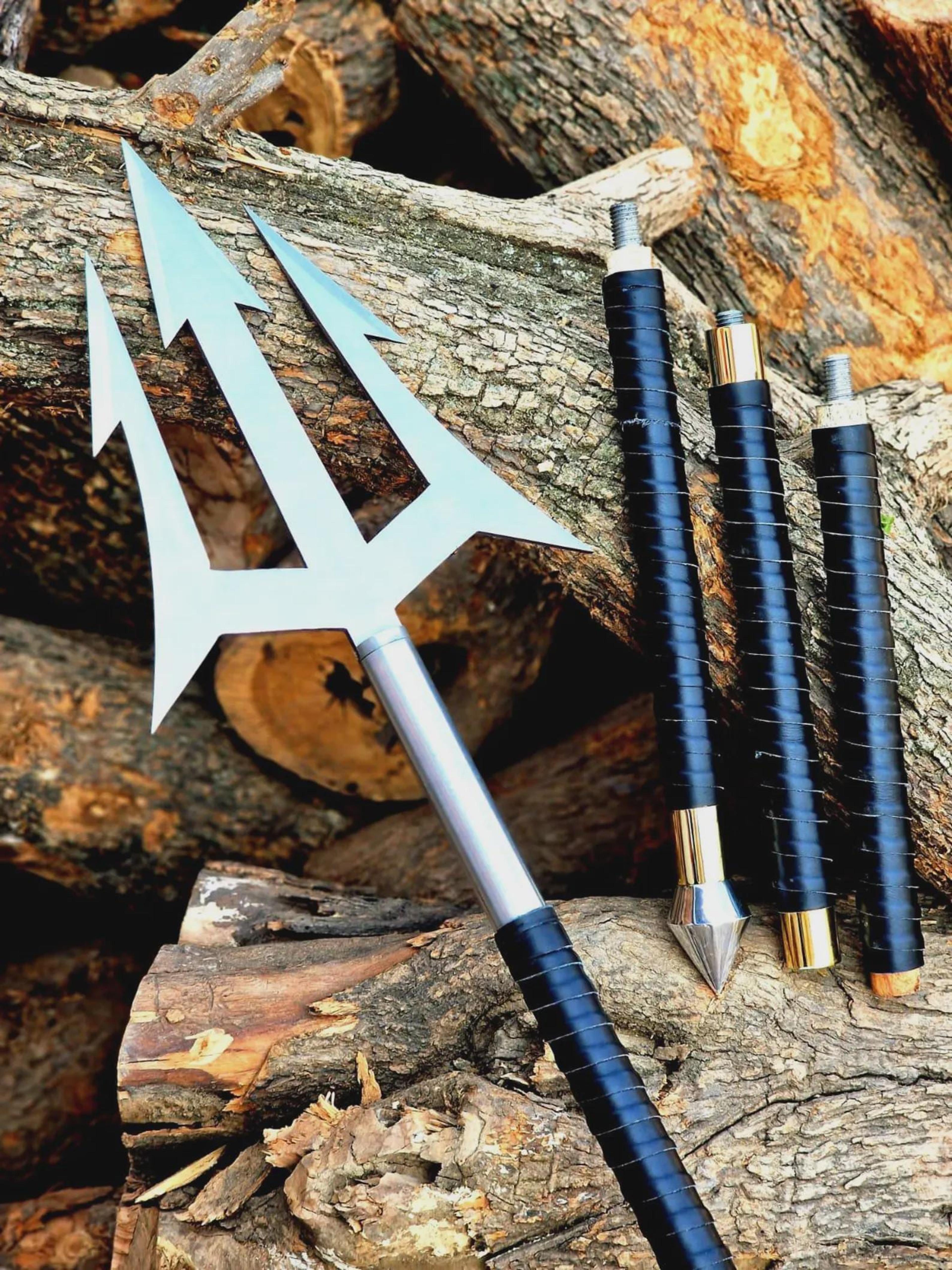 handmade high carbon steel spear 50" with rosewood handle, leather wrap & brass accents