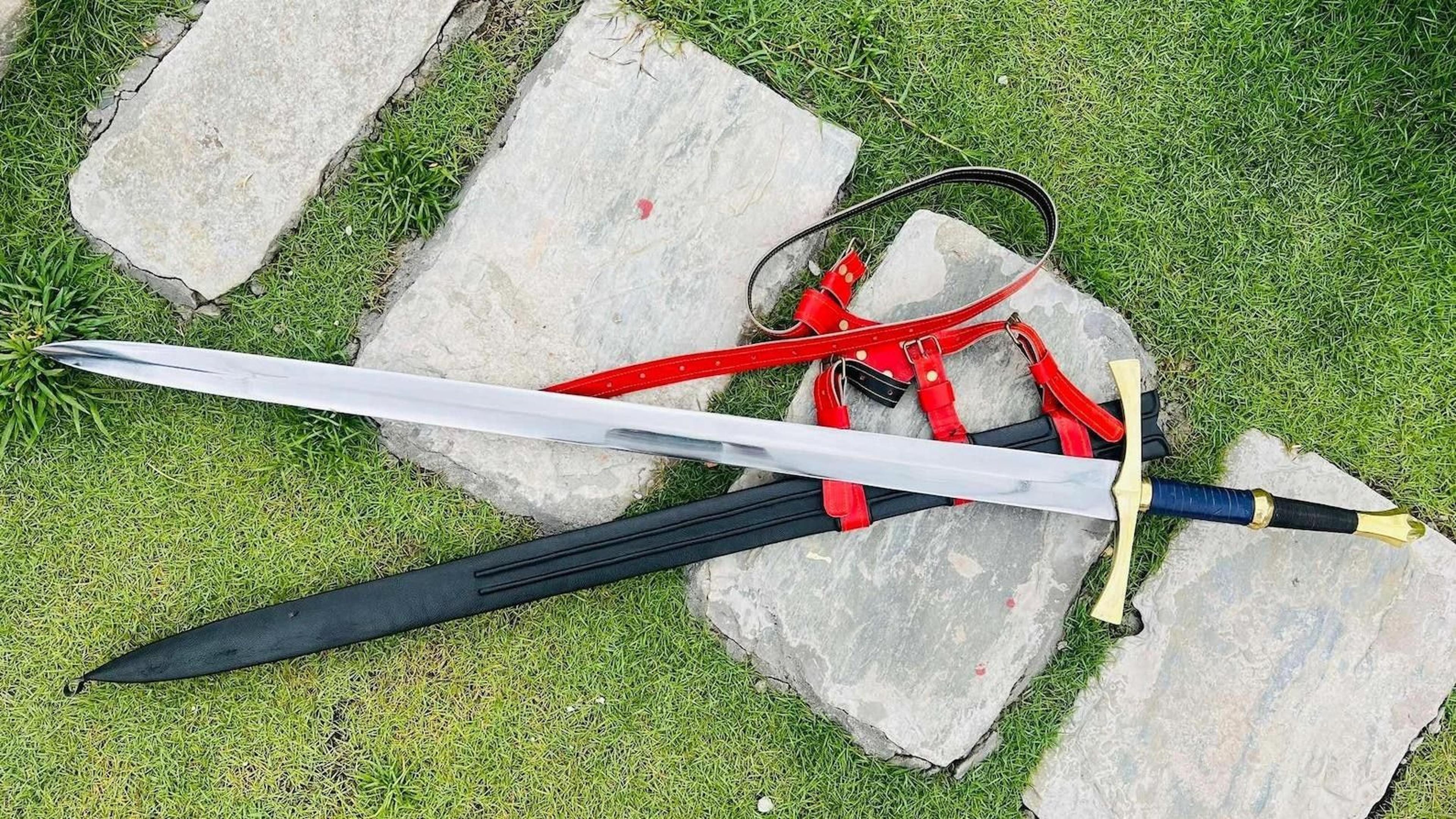handmade high carbon steel sword with rosewood & leather handle scabbard