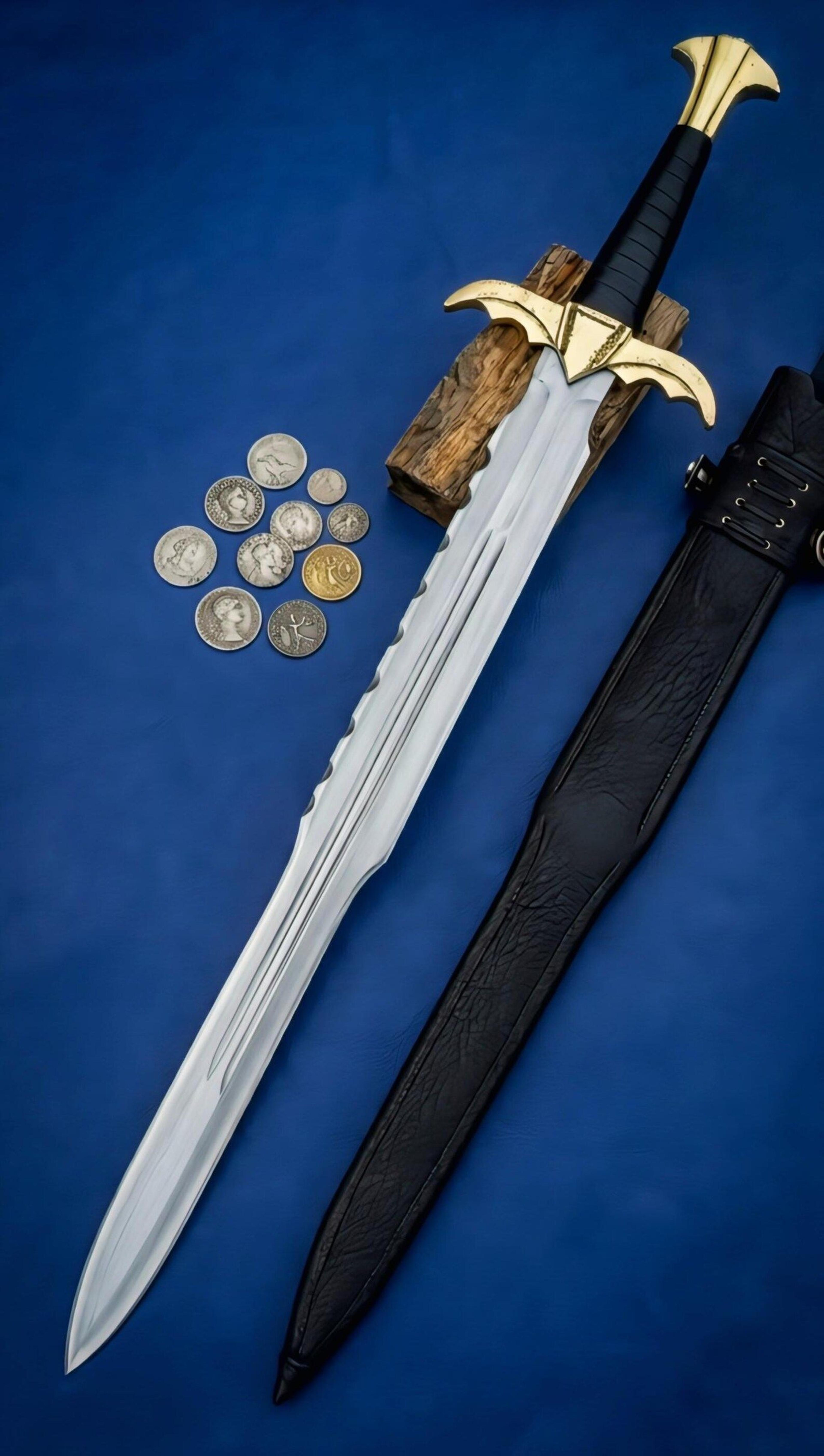 medieval style spartan dagger polished steel blade with brass guard & leather scabbard