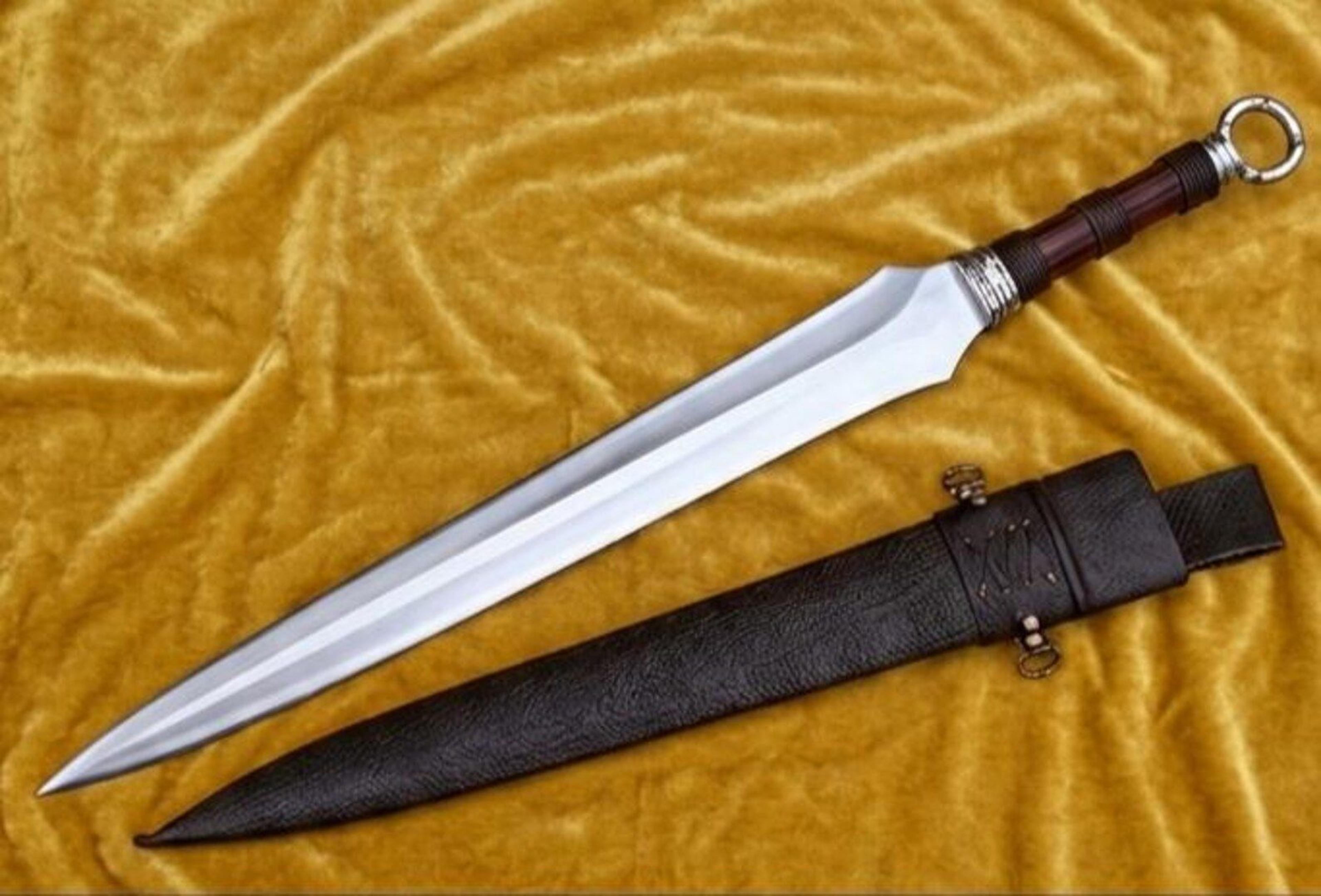 handmade viking sword with high carbon steel blade, wooden grip & leather sheath
