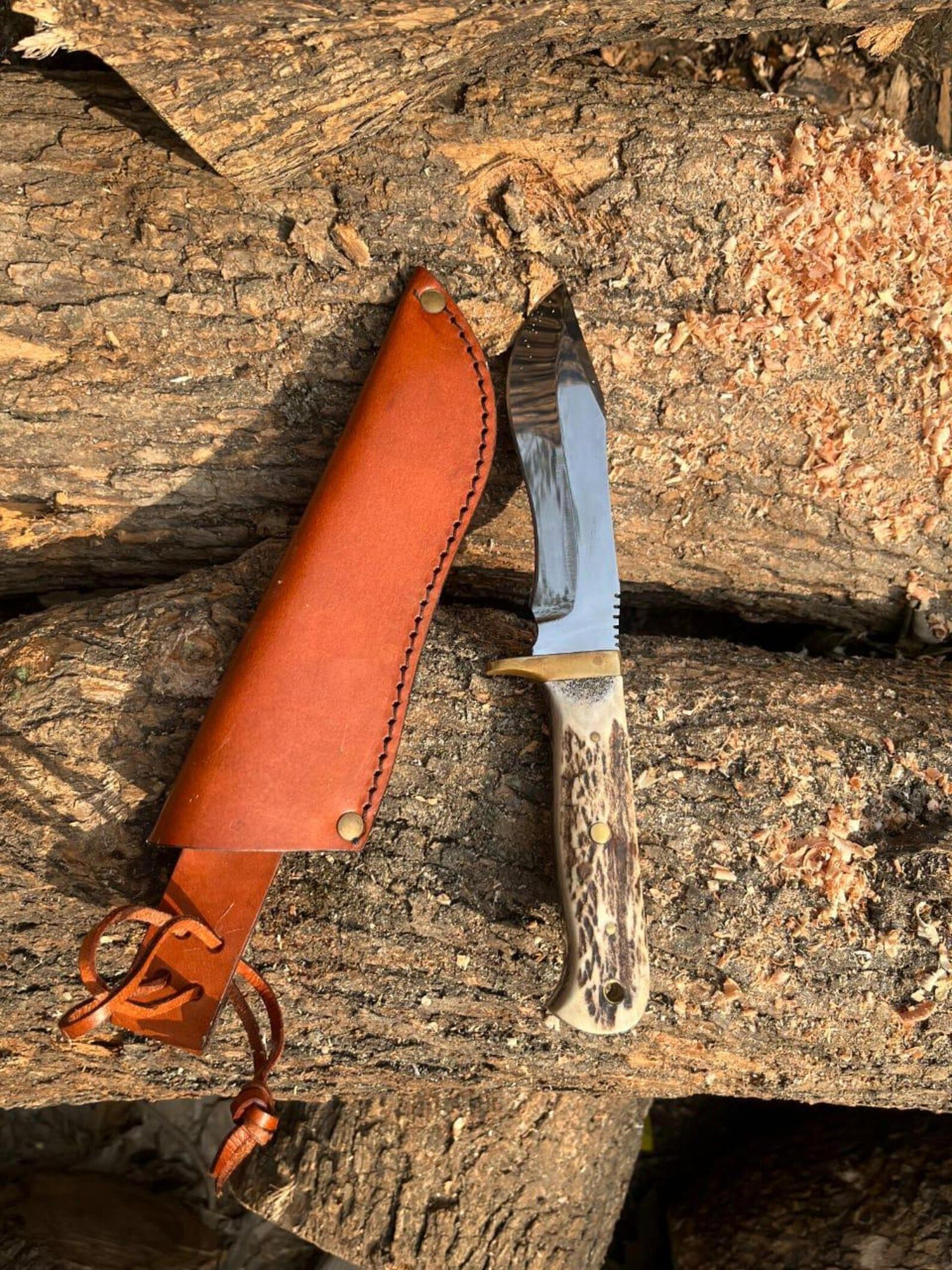 handmade hunting knife mirror polish steel blade stag antler handle leather sheath gift