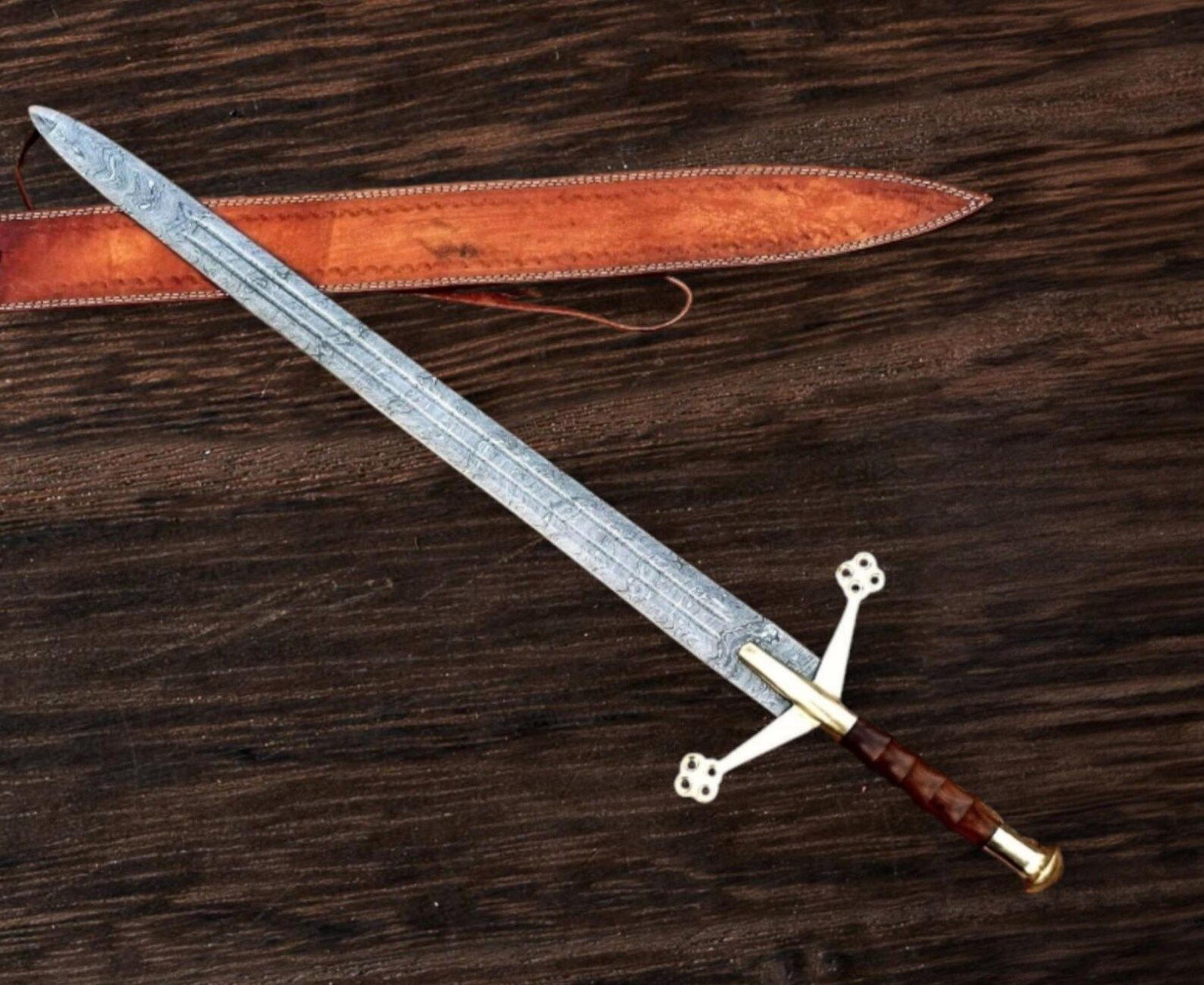 handmade damascus steel sword long double edge blade with brass cross guard wood handle gift
