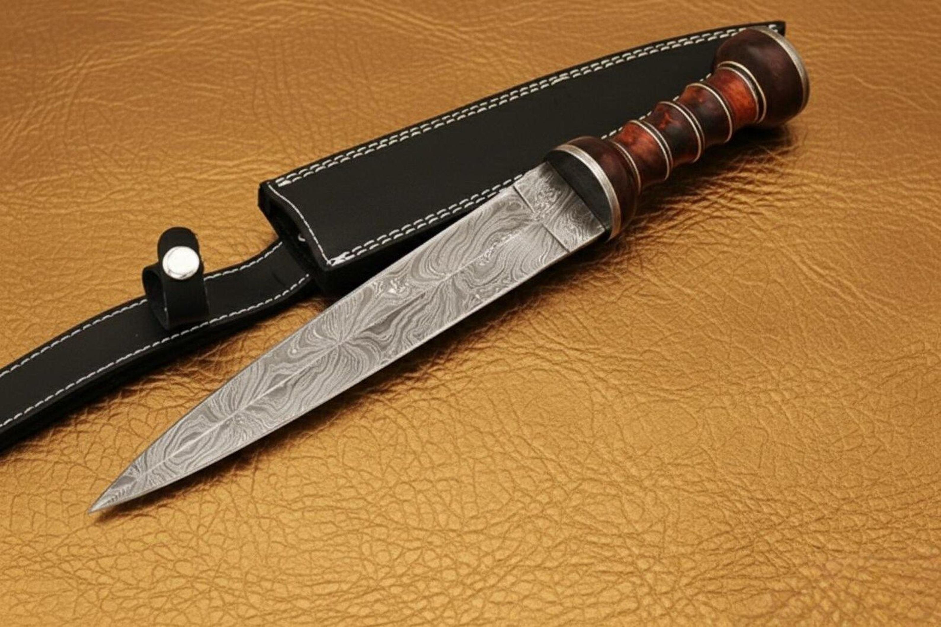 handmade damascus steel hunting knife with leather sheath custom fixed blade gift