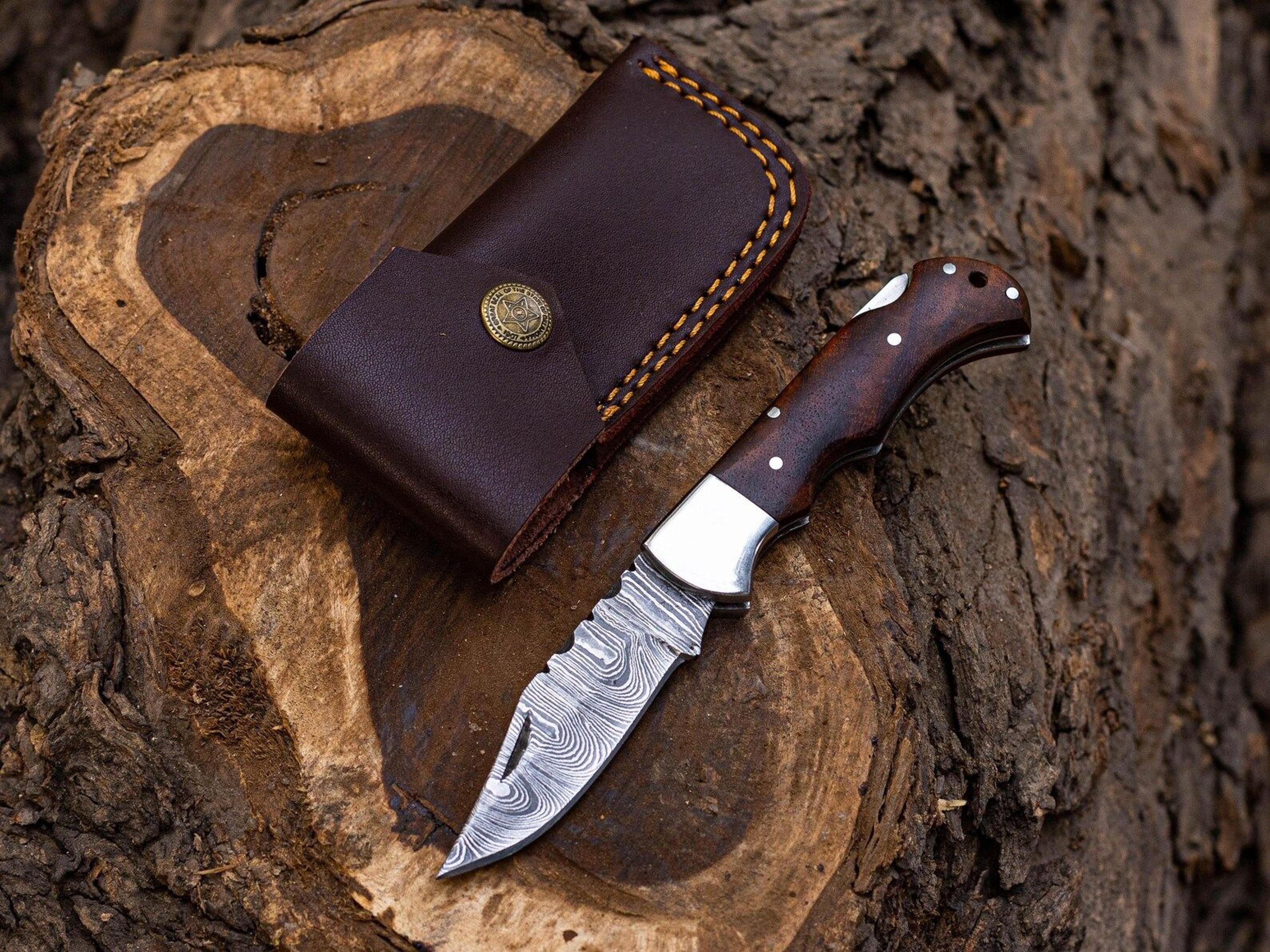 handcrafted damascus steel folding knife rosewood handle back lock gift for collectors