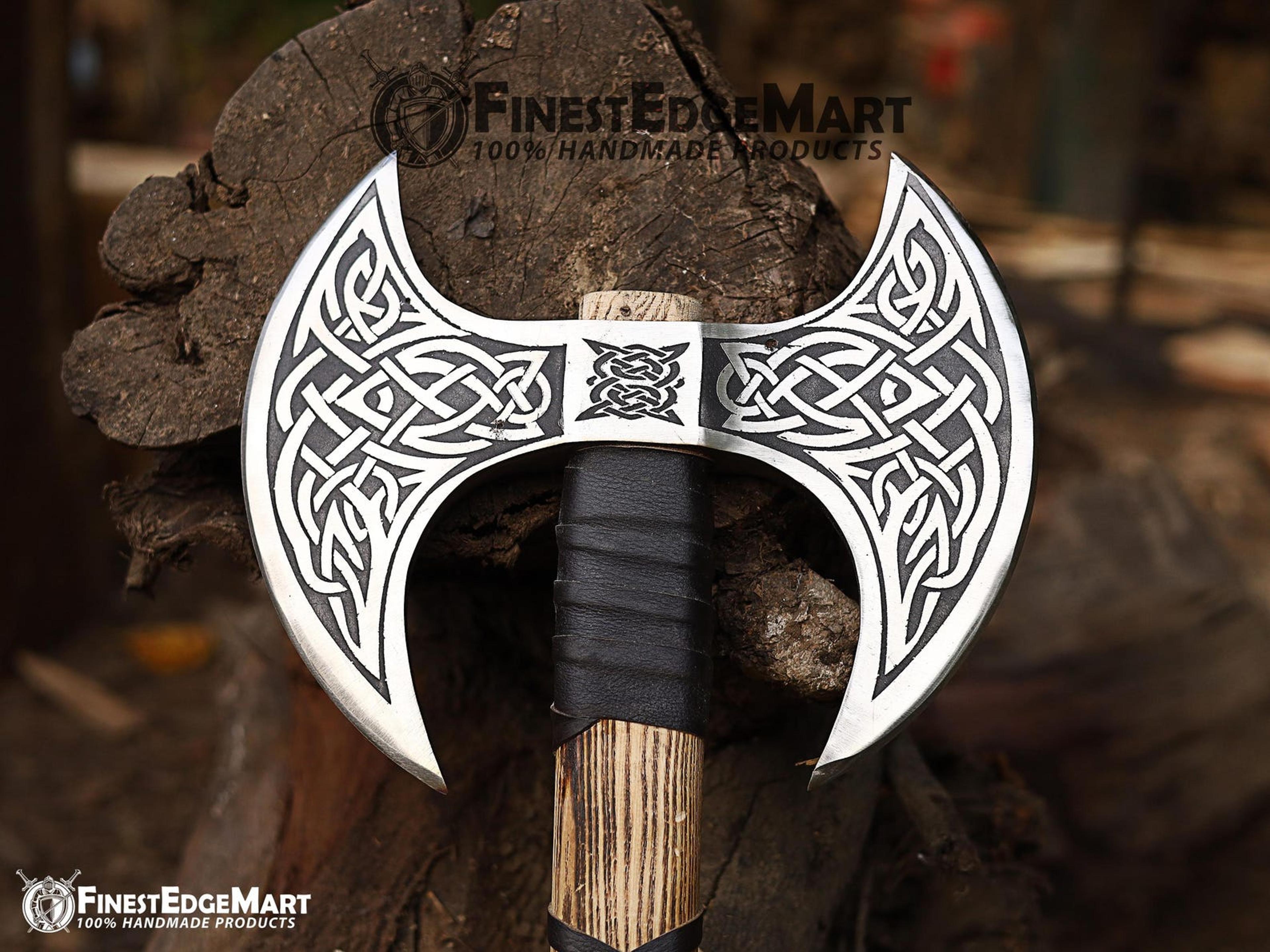 handcrafted double headed carbon steel berserker axe with leather sheath - viking inspired two-handed battle axe for col