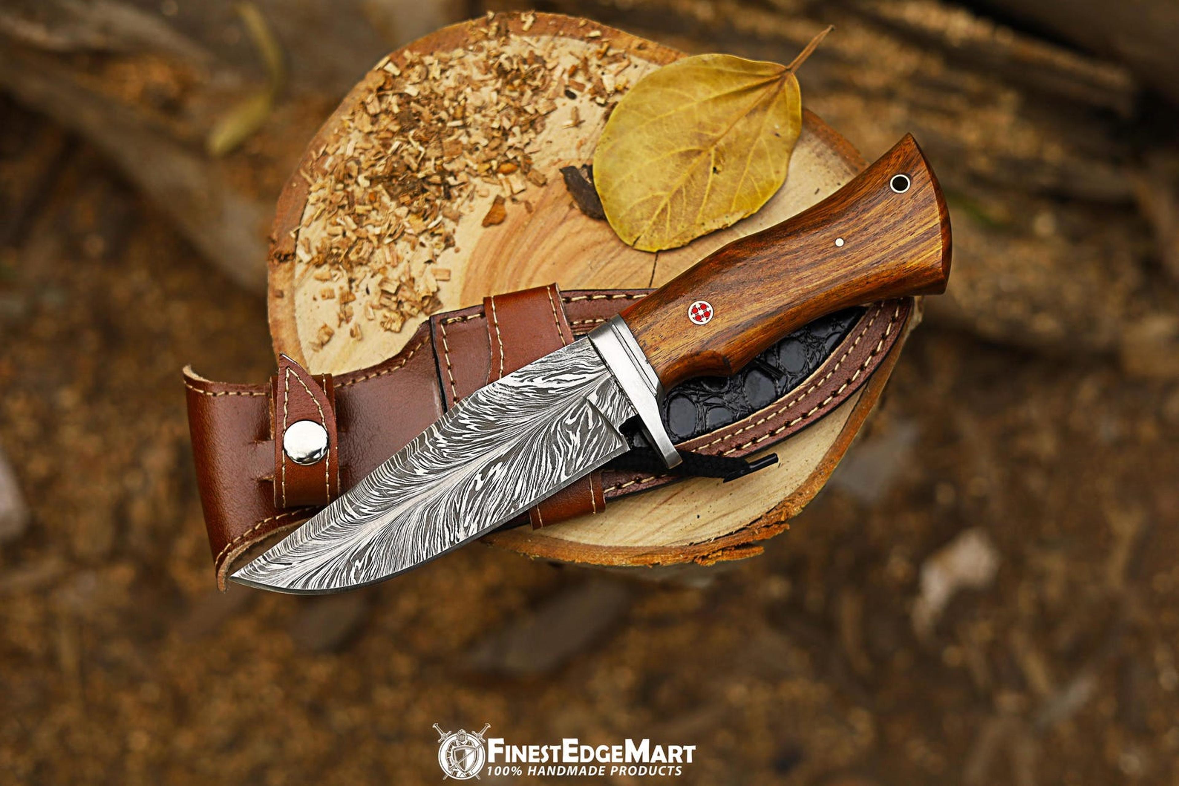 authentic handcrafted damascus steel bowie knife with micarta wood handle and leather sheath - unique collectible