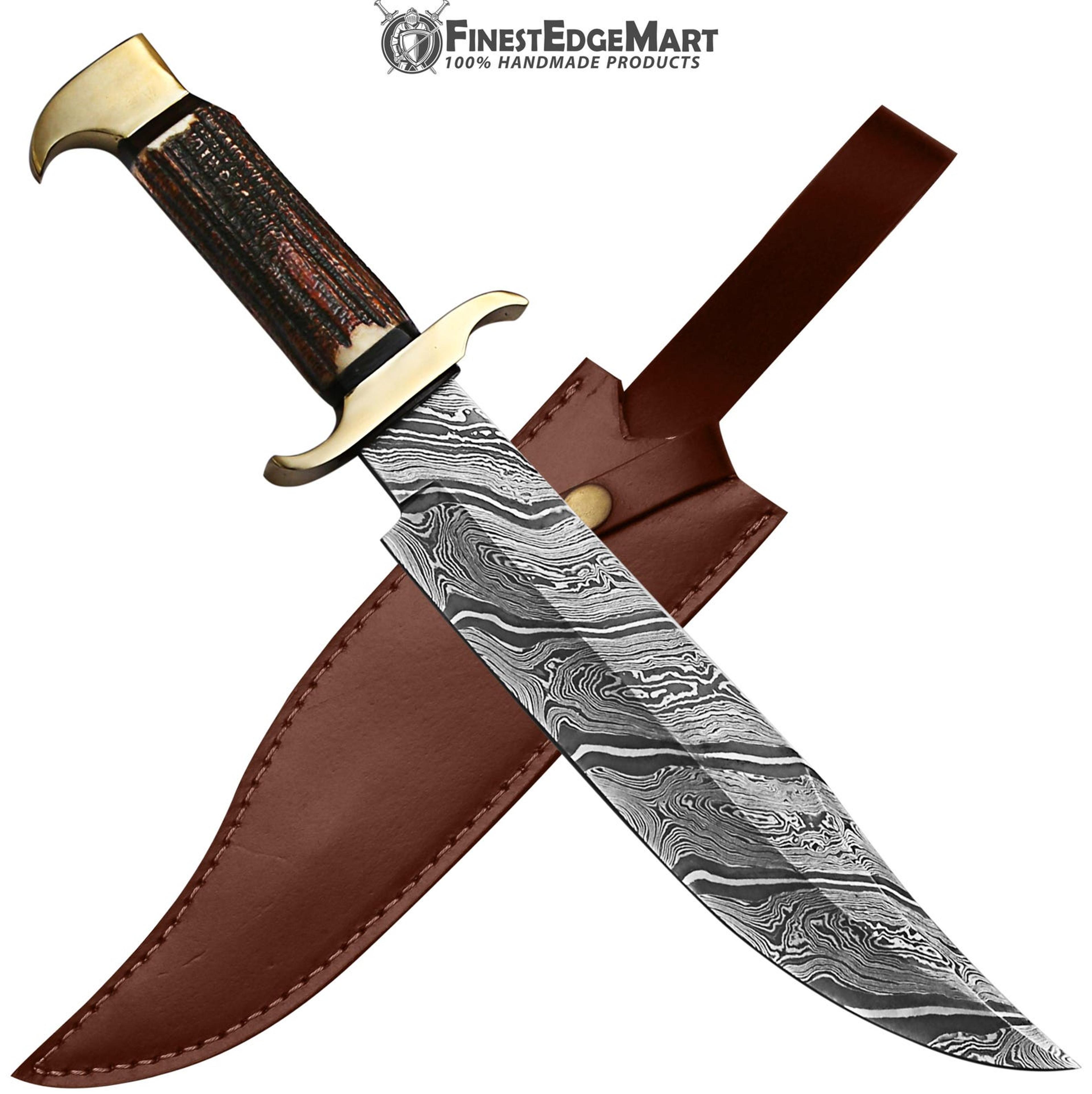 authentic handmade damascus bowie knife with deer horn handle and premium leather sheath
