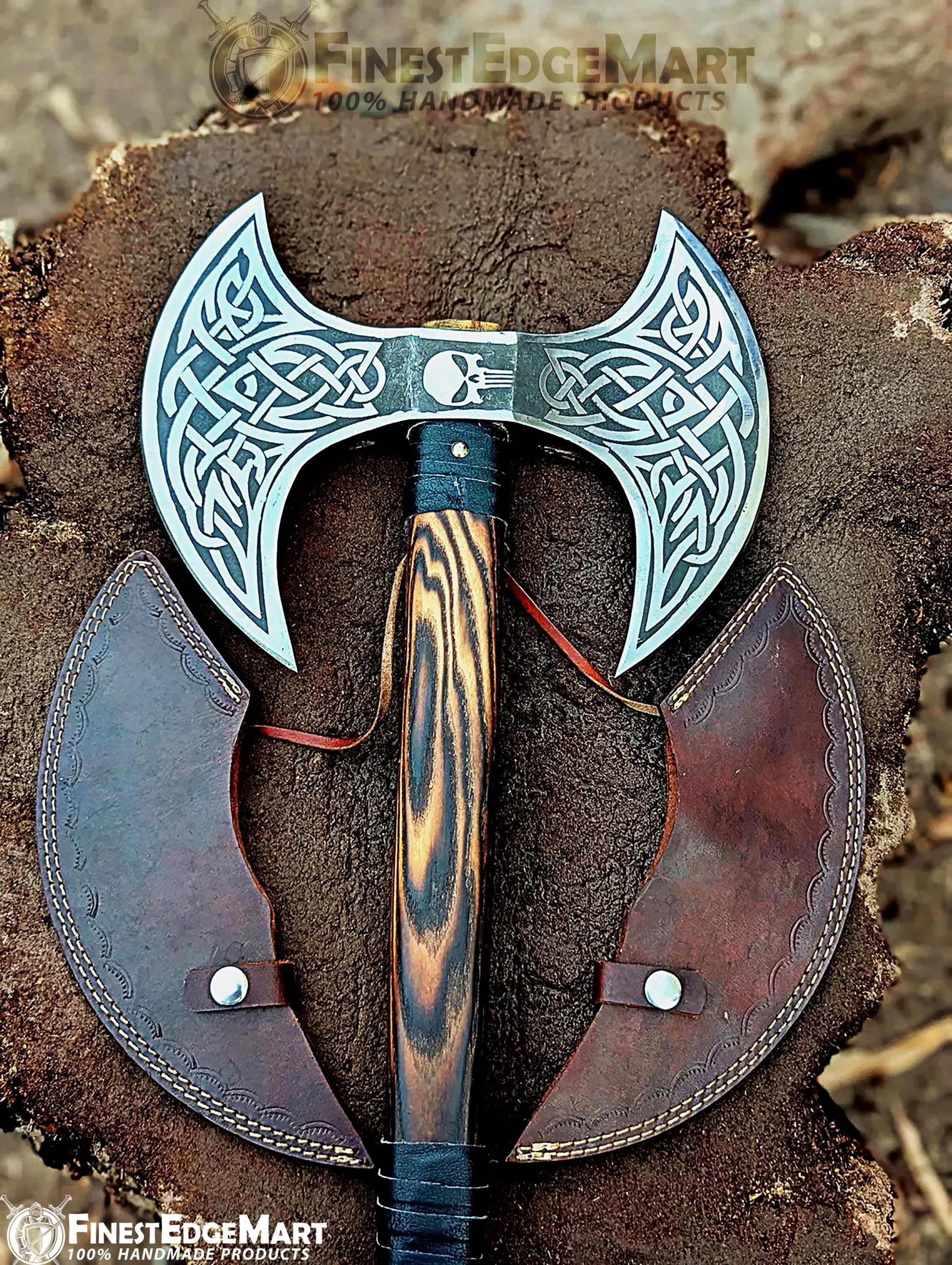 hand forged double headed viking battle axe collectible with ash wood handle and leather sheath - perfect for collectors