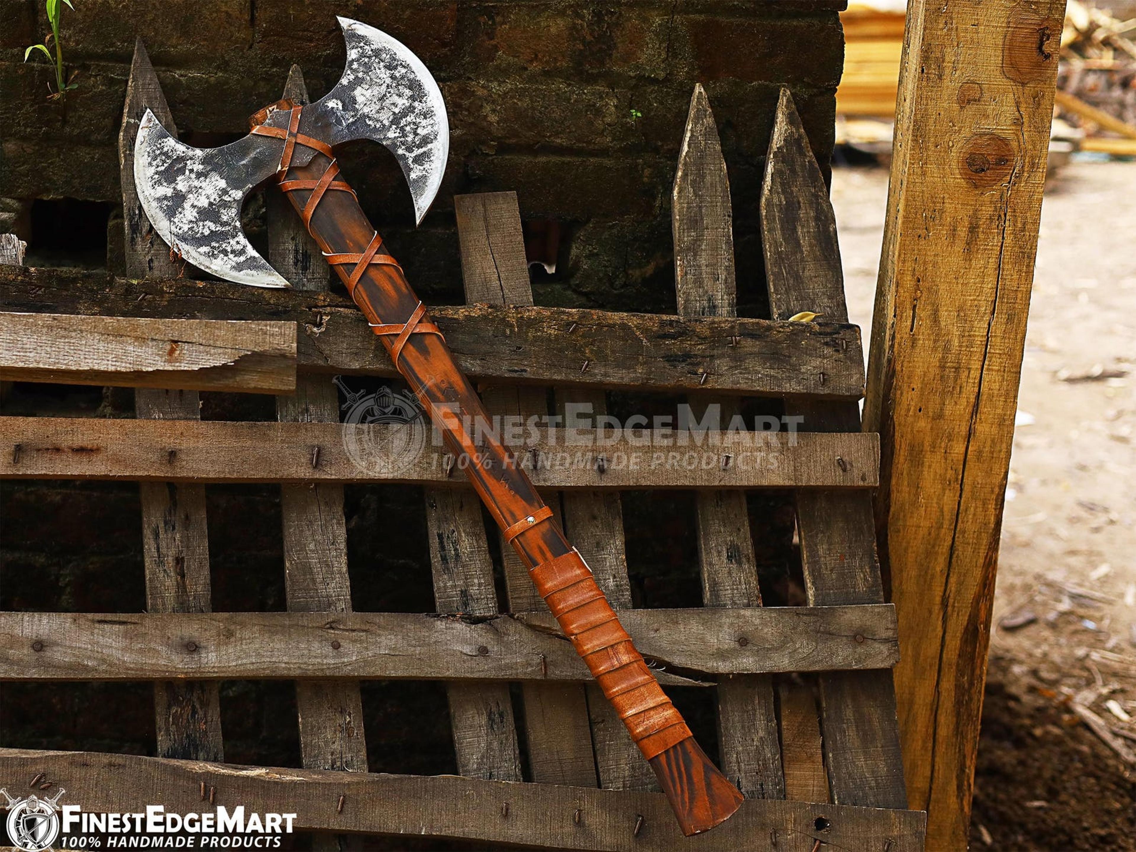 handcrafted carbon steel viking axe - engraved handle with leather sheath and premium sheath included