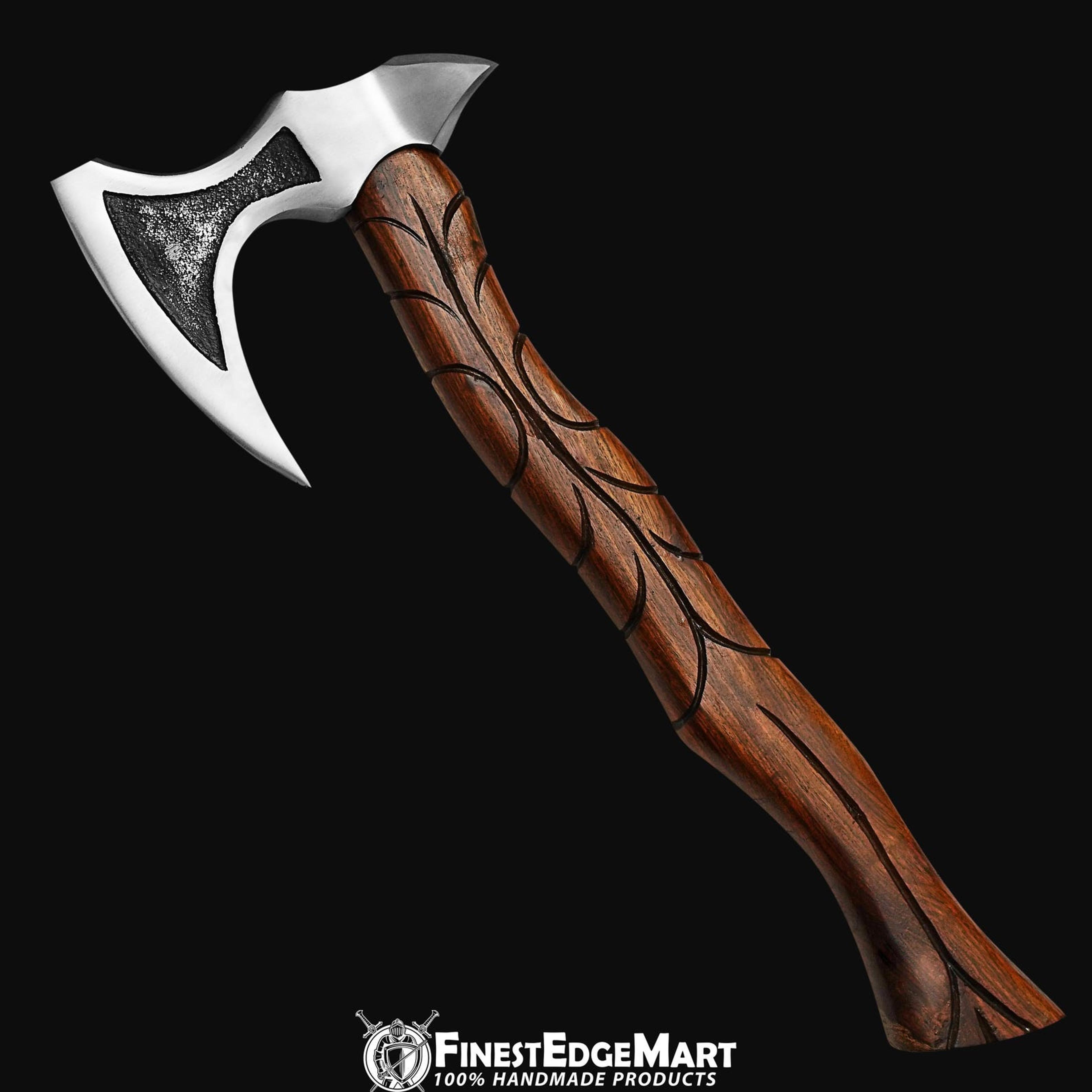 handcrafted viking battle axe with engraved wooden handle and hand-forged high-carbon steel blade for collectors and ent