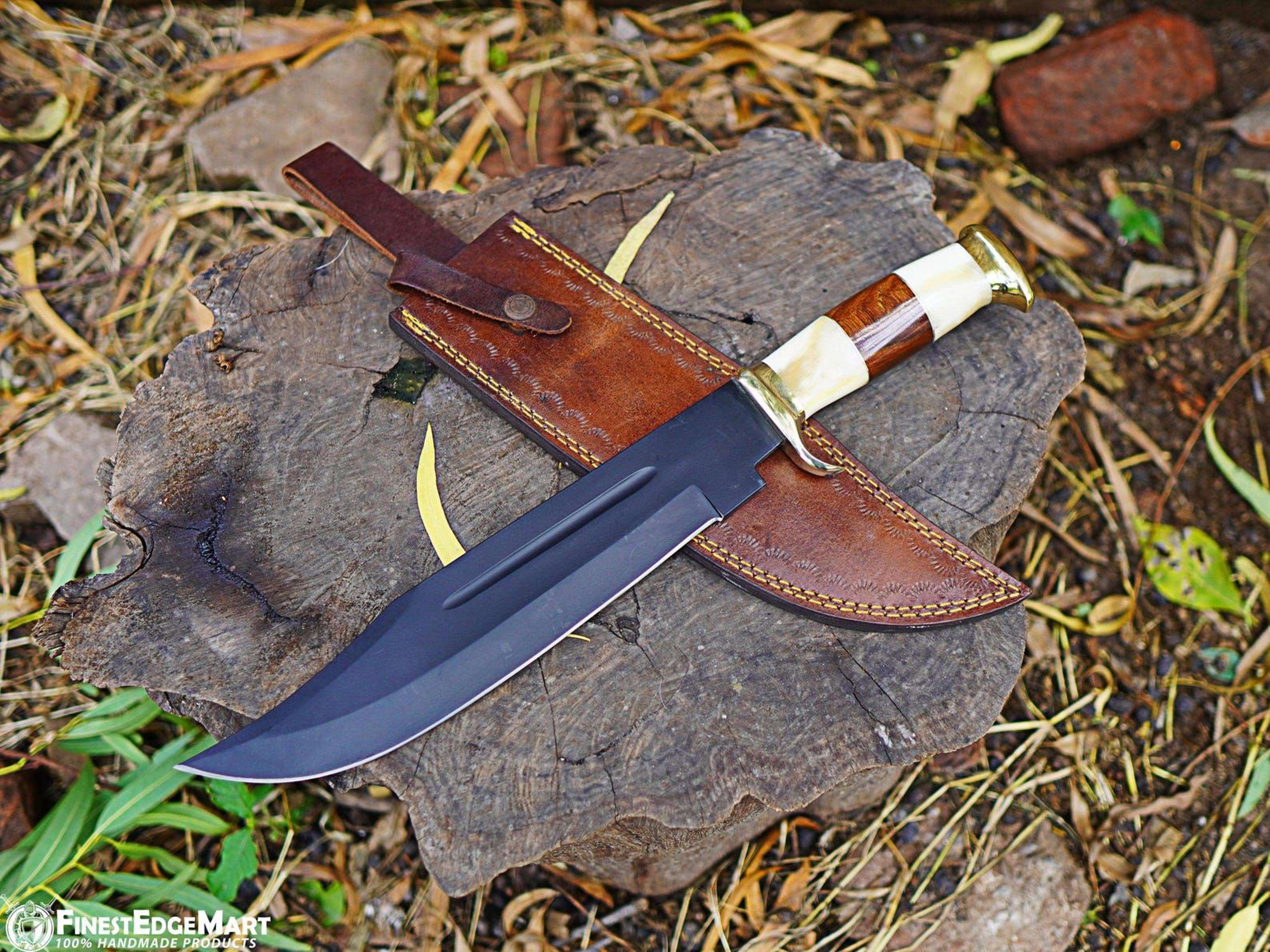 handmade bowie knife with powder-coated stainless steel blade and camel bone handle - perfect for outdoor enthusiasts an