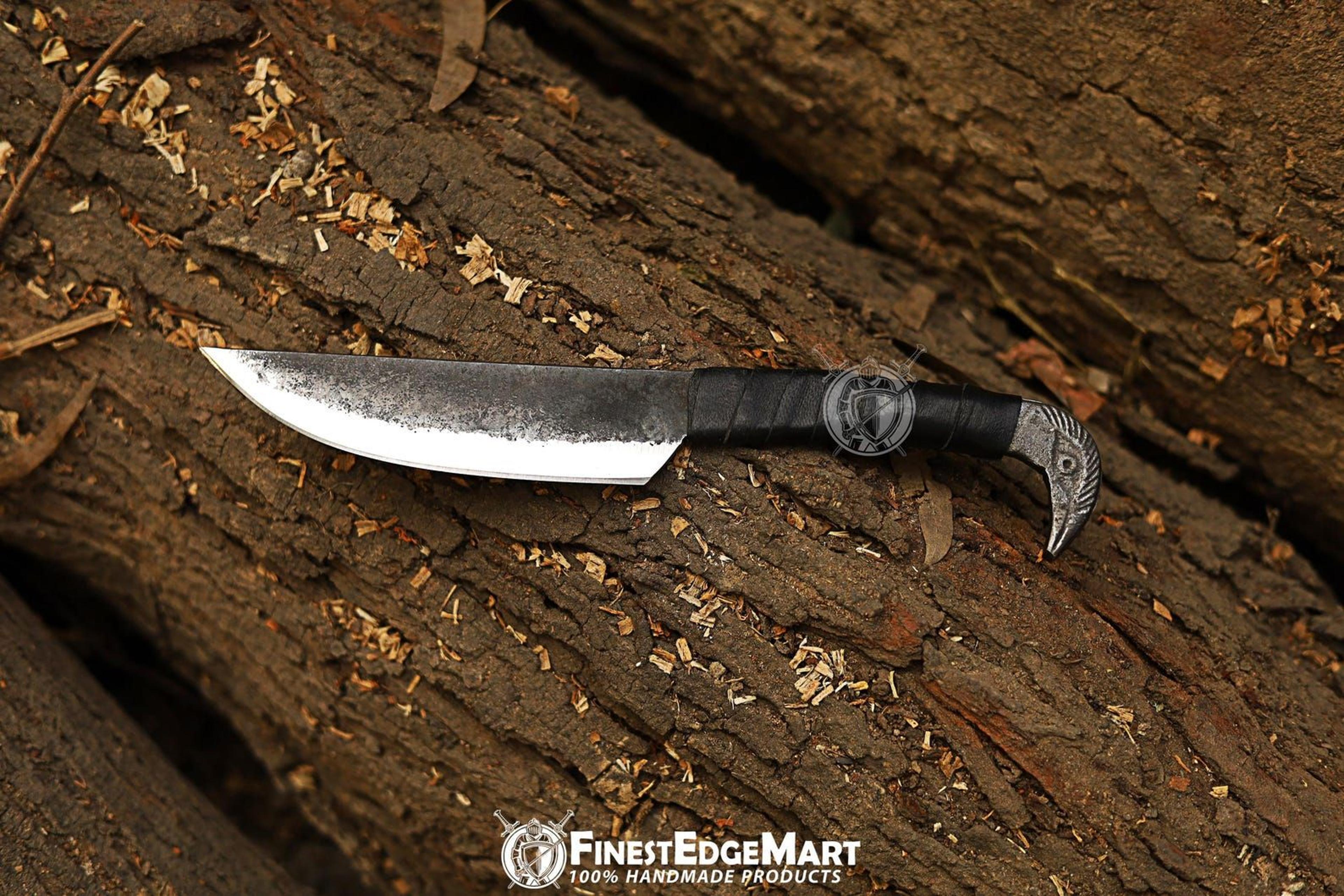 handmade viking raven head knife with carbon steel blade and leather sheath - unique collectible gift for outdoor