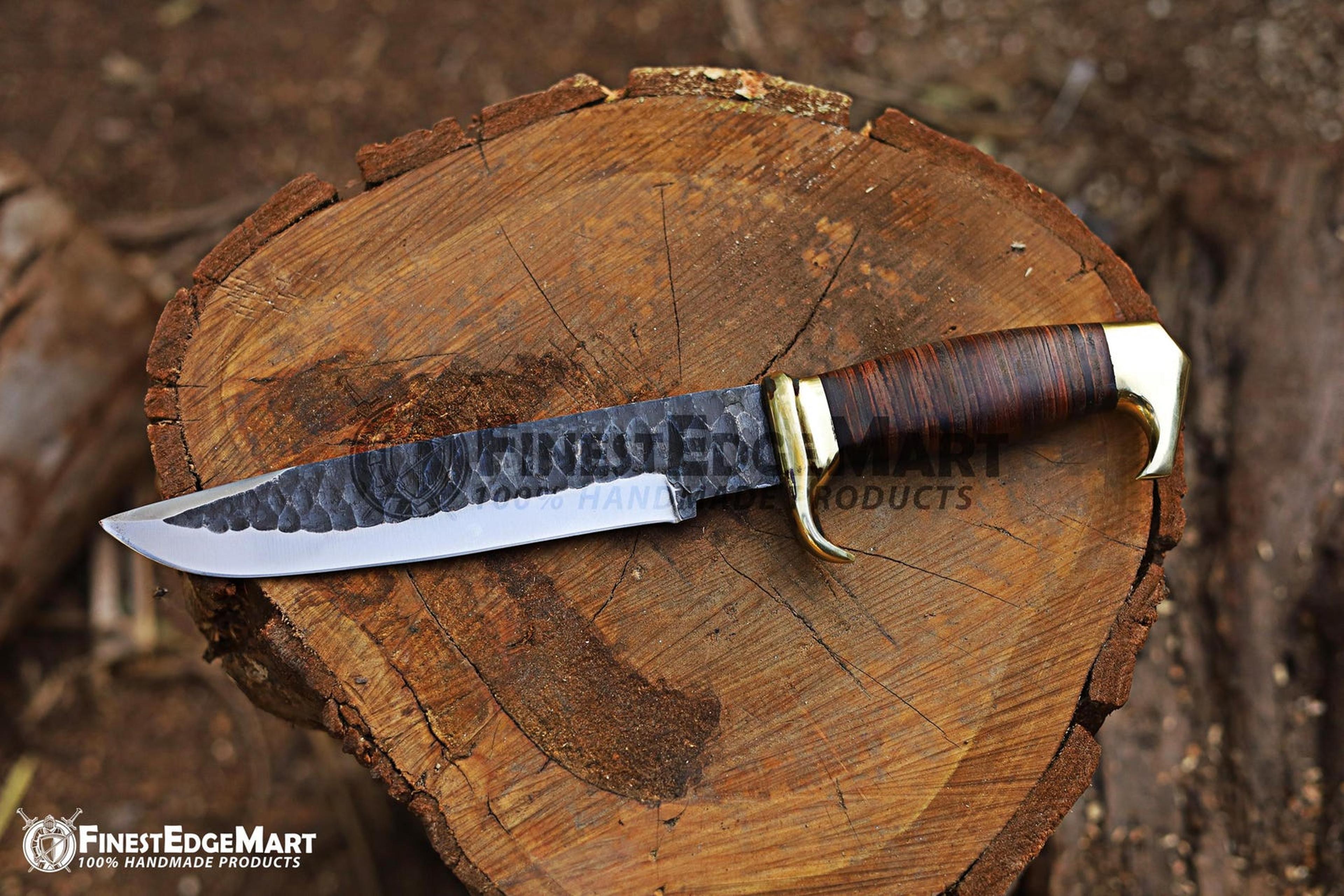 handmade forged carbon steel bowie knife with leather sheath and customizable handle for outdoor adventures and personal