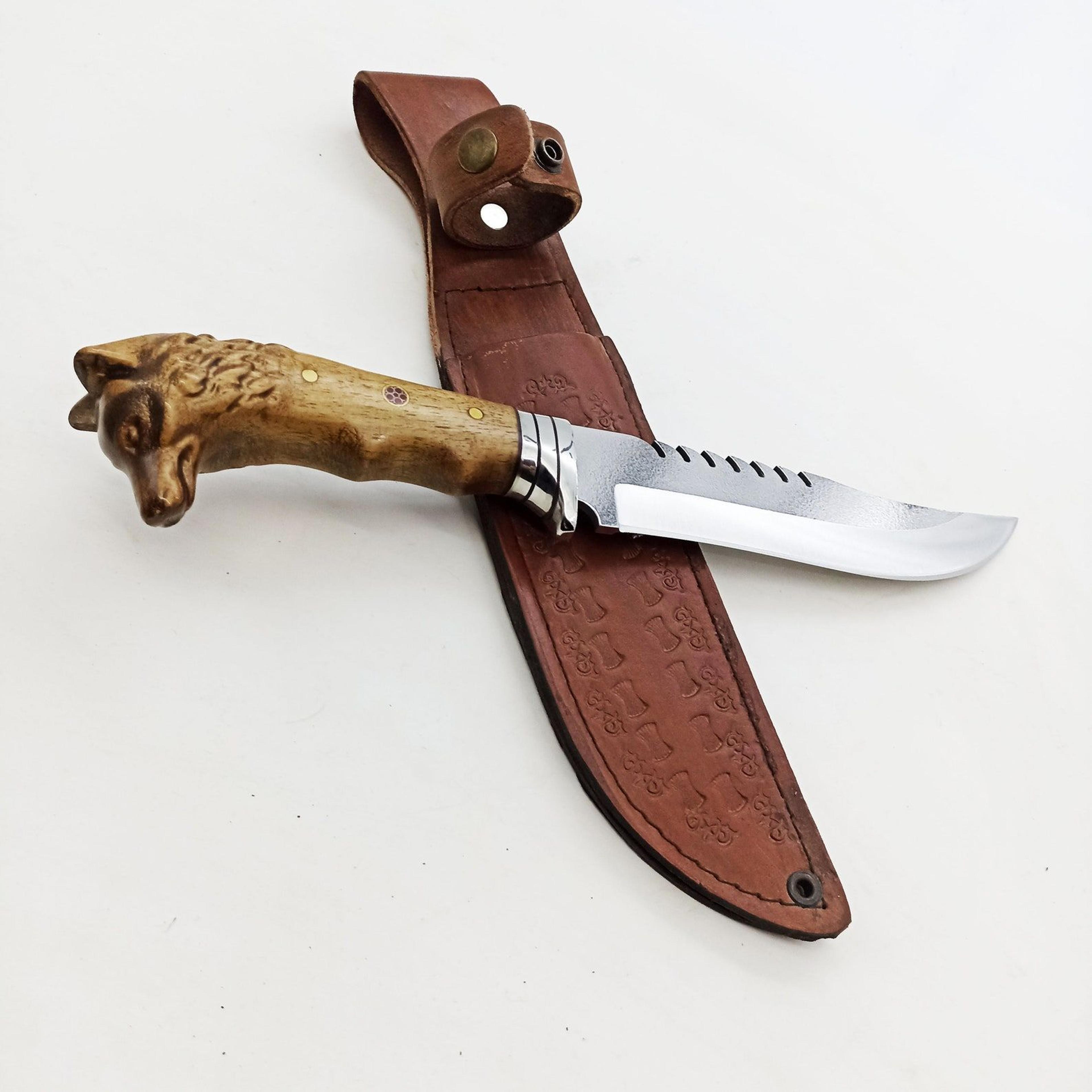 handmade wolf head hunting knife high carbon stainless steel fixed blade carved wolf handle with leather sheath | campin