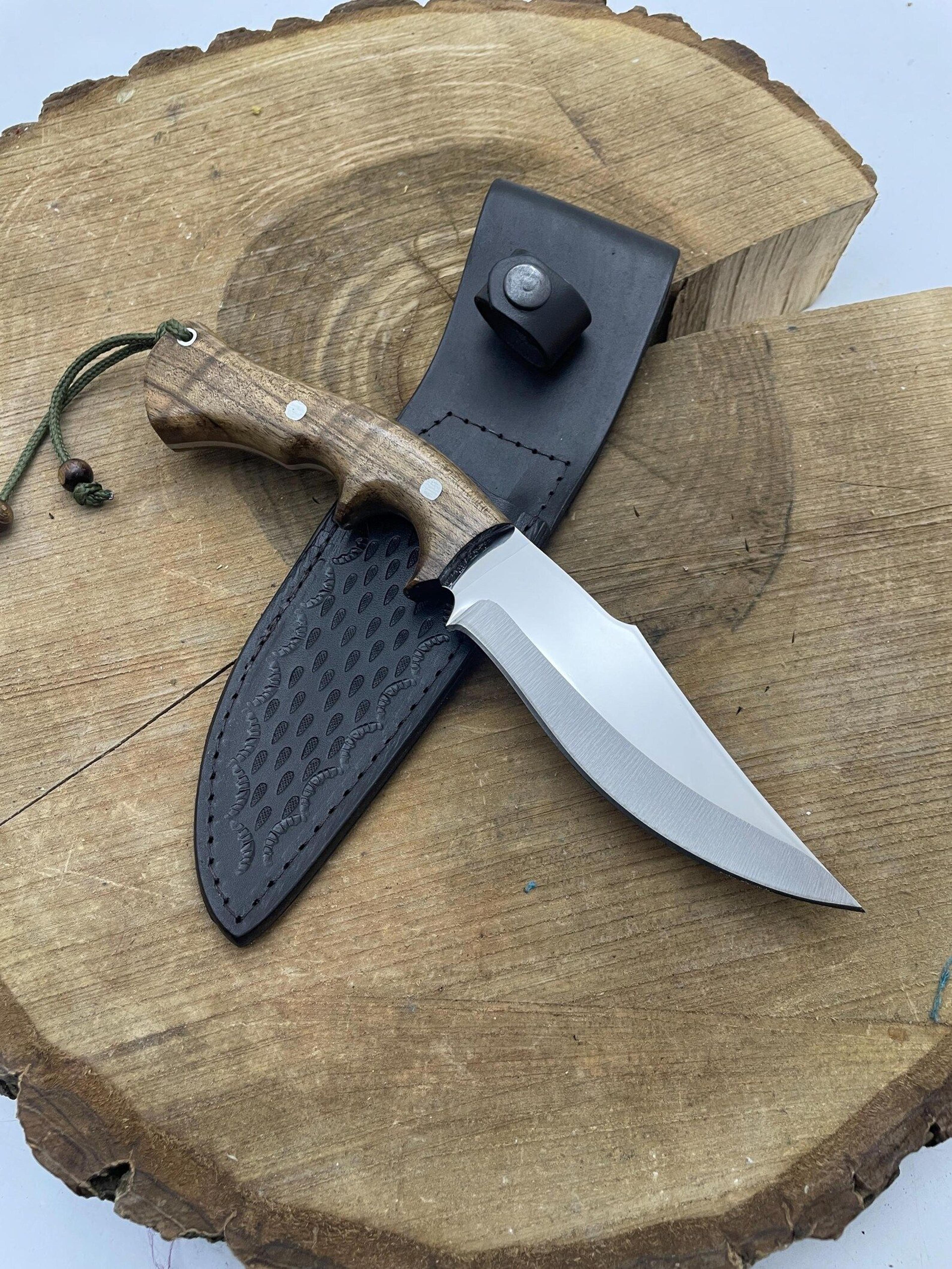 handmade hunting knife high carbon stainless steel fixed blade olive wood handle with leather sheath | bushcraft camping