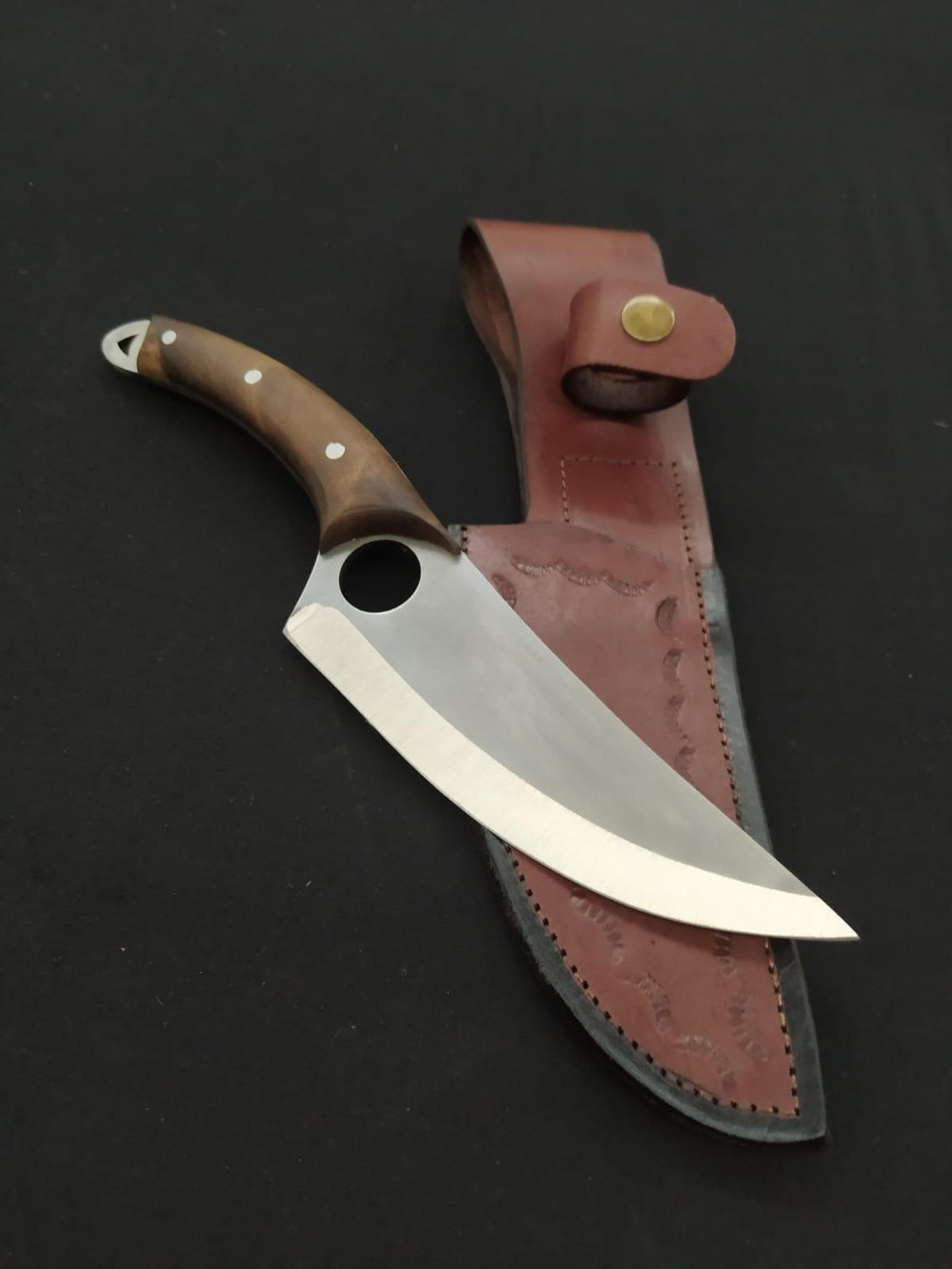 handmade hunting skinning knife stainless steel fixed blade walnut wood handle with leather sheath | camping bushcraft s