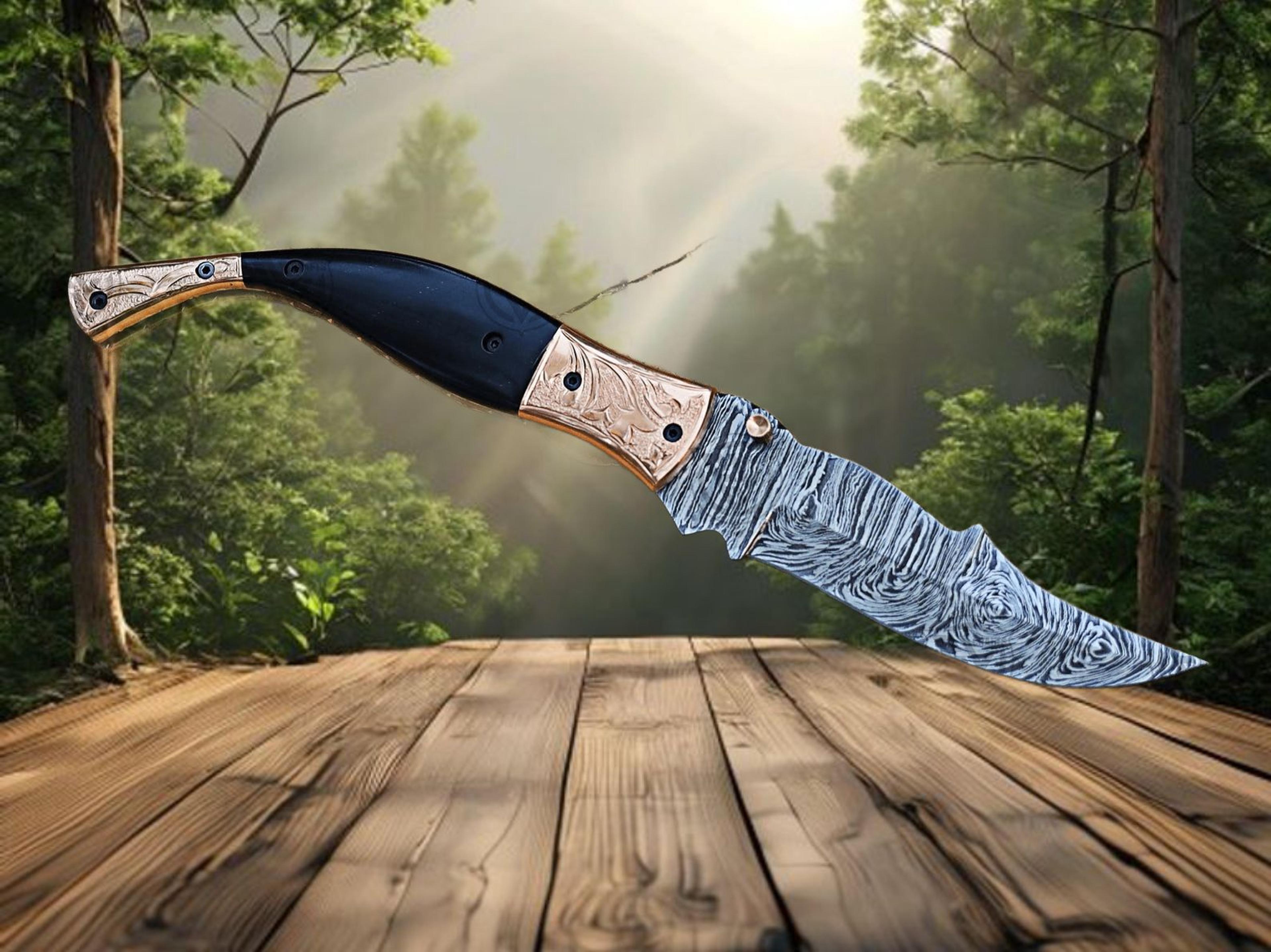 artisan-crafted damascus steel folding pocket knife with copper and black horn handle perfect for camping outdoor advent