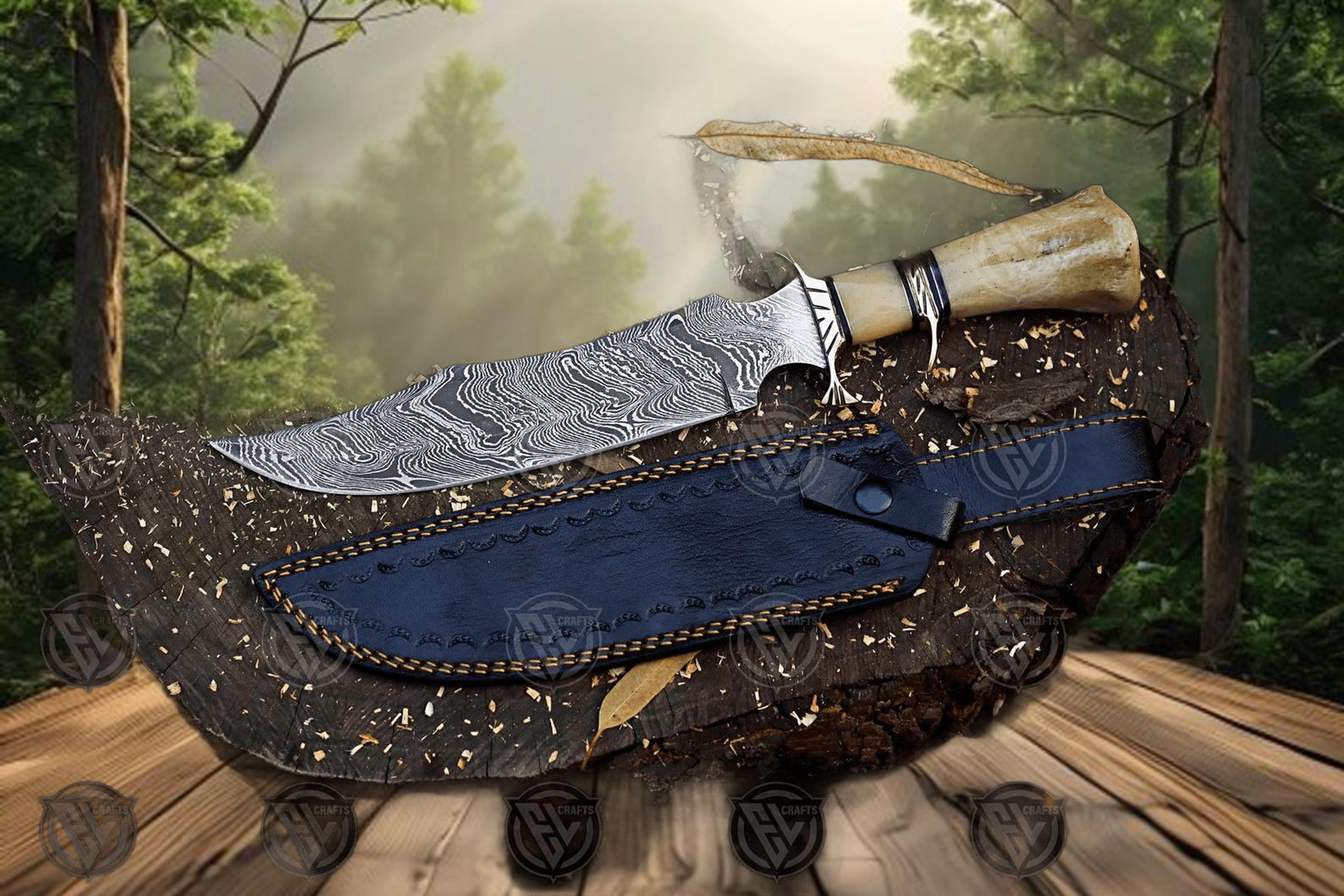unique handcrafted damascus steel bowie knife with camel bone handle and leather sheath - perfect for outdoor enthusiast