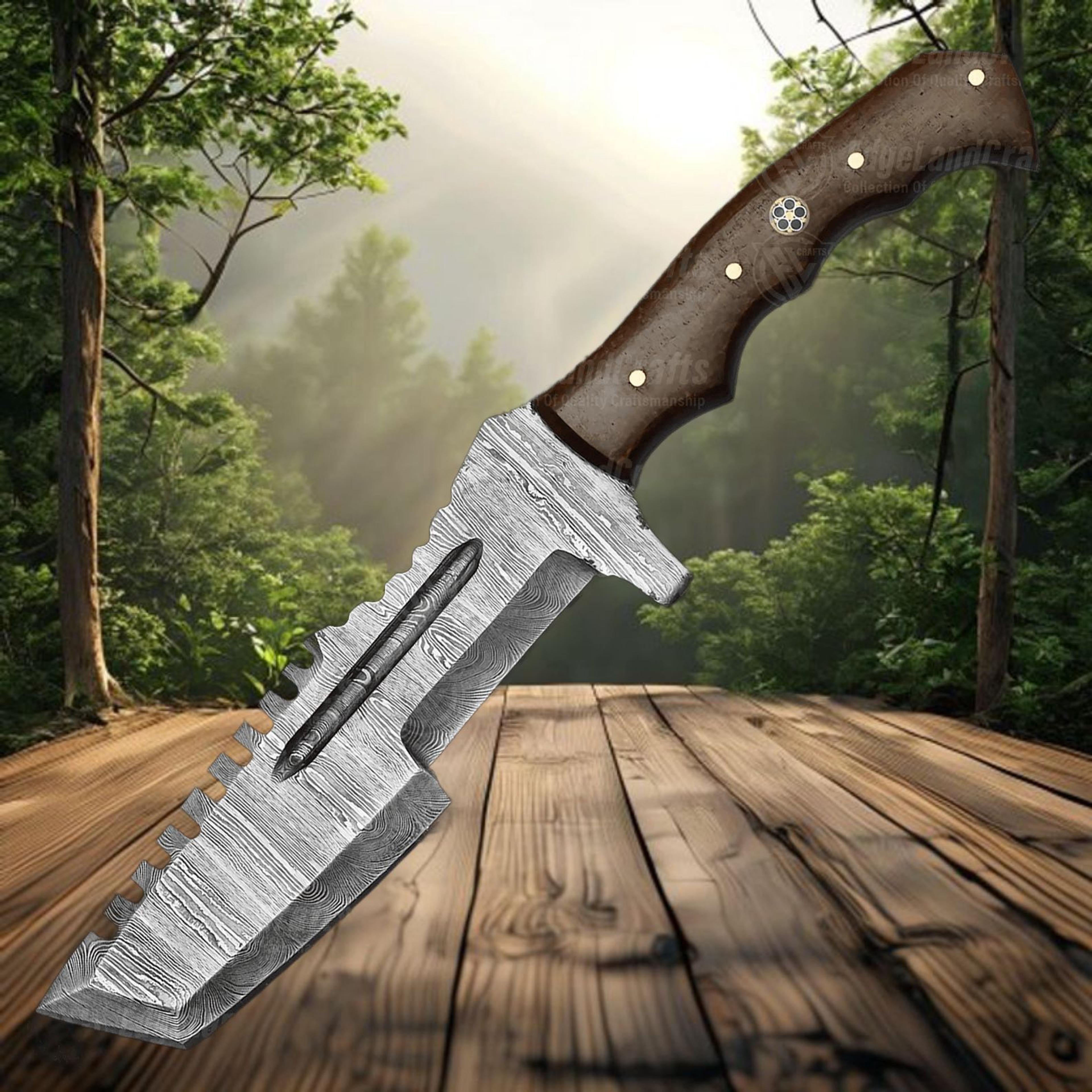 handmade damascus steel tracker knife wood handle leather sheath for outdoor survival hunting and edc use