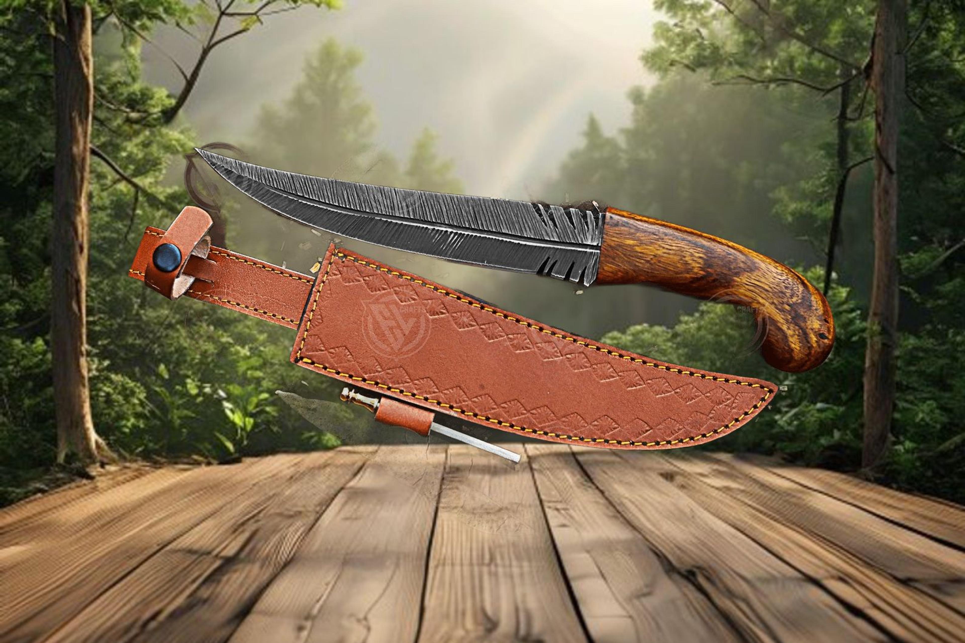 handmade leaf shape carbon steel collectible knife with pakka wood handle and leather sheath - unique gift for men