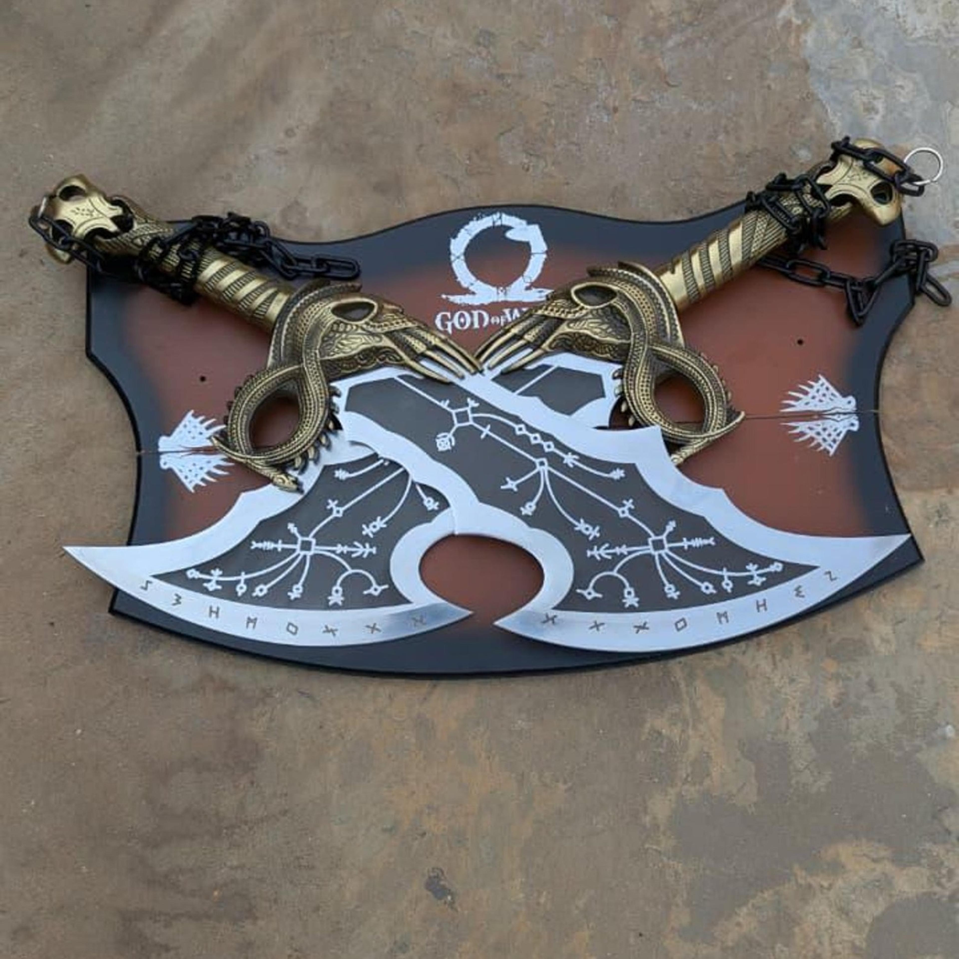24in blades of chaos replica pair with chain handles, engraved steel blades & antique gold hilt