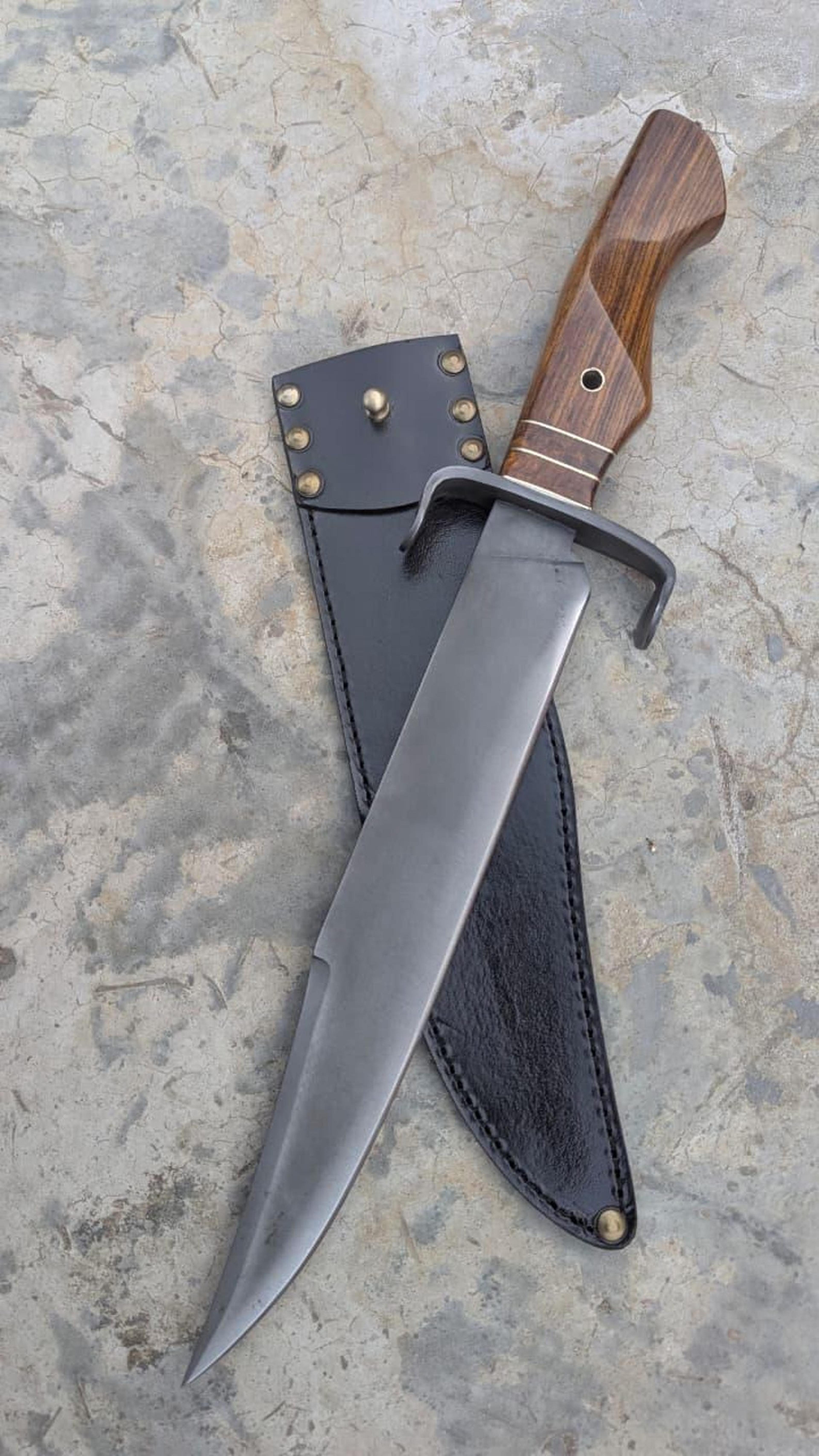 shop 17in frontier bowie knife | broad steel blade walnut wood handle black leather sheath | outdoorsman collector gift