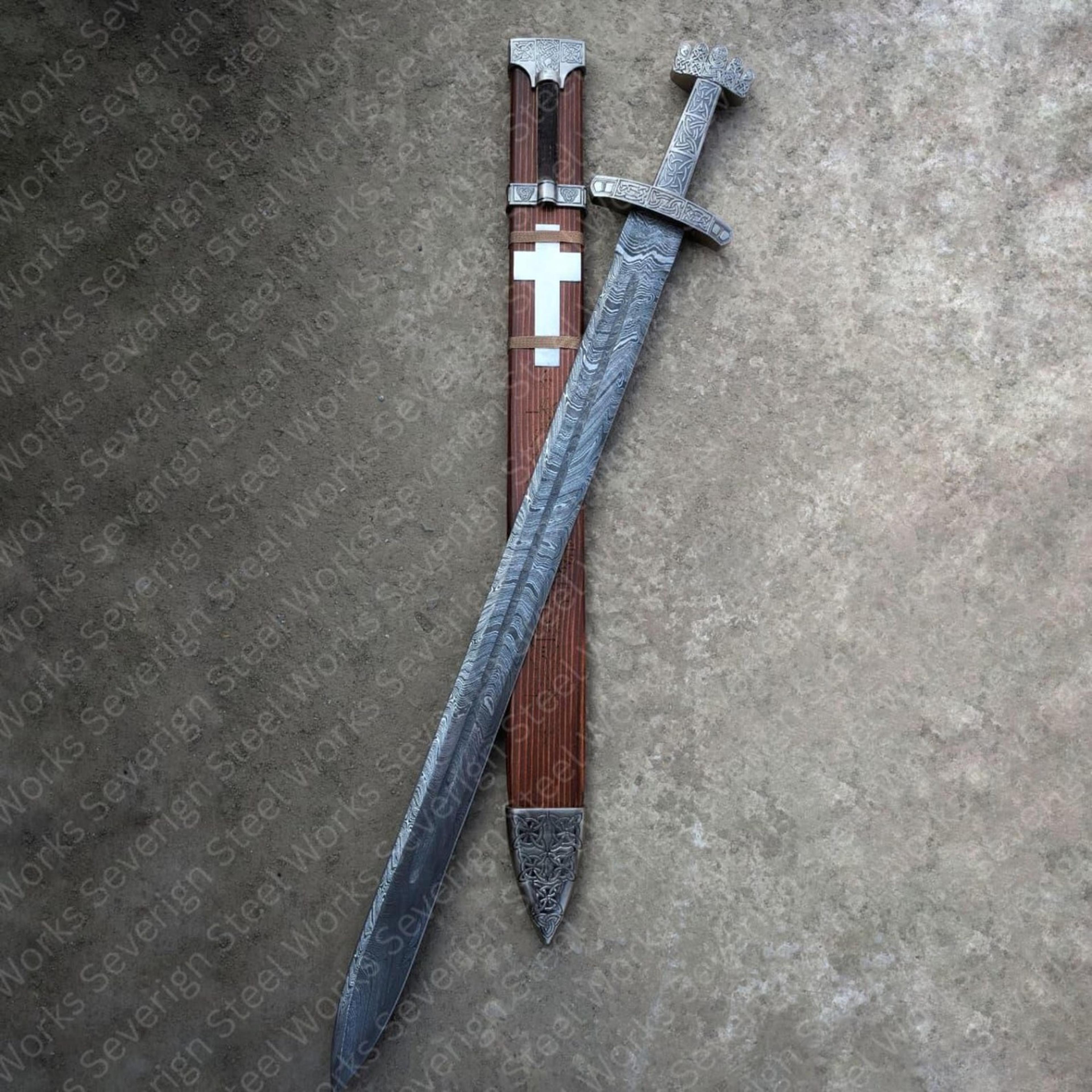 40in damascus templar longsword with patterned steel blade, engraved hilt & cross-inlay wood scabbard
