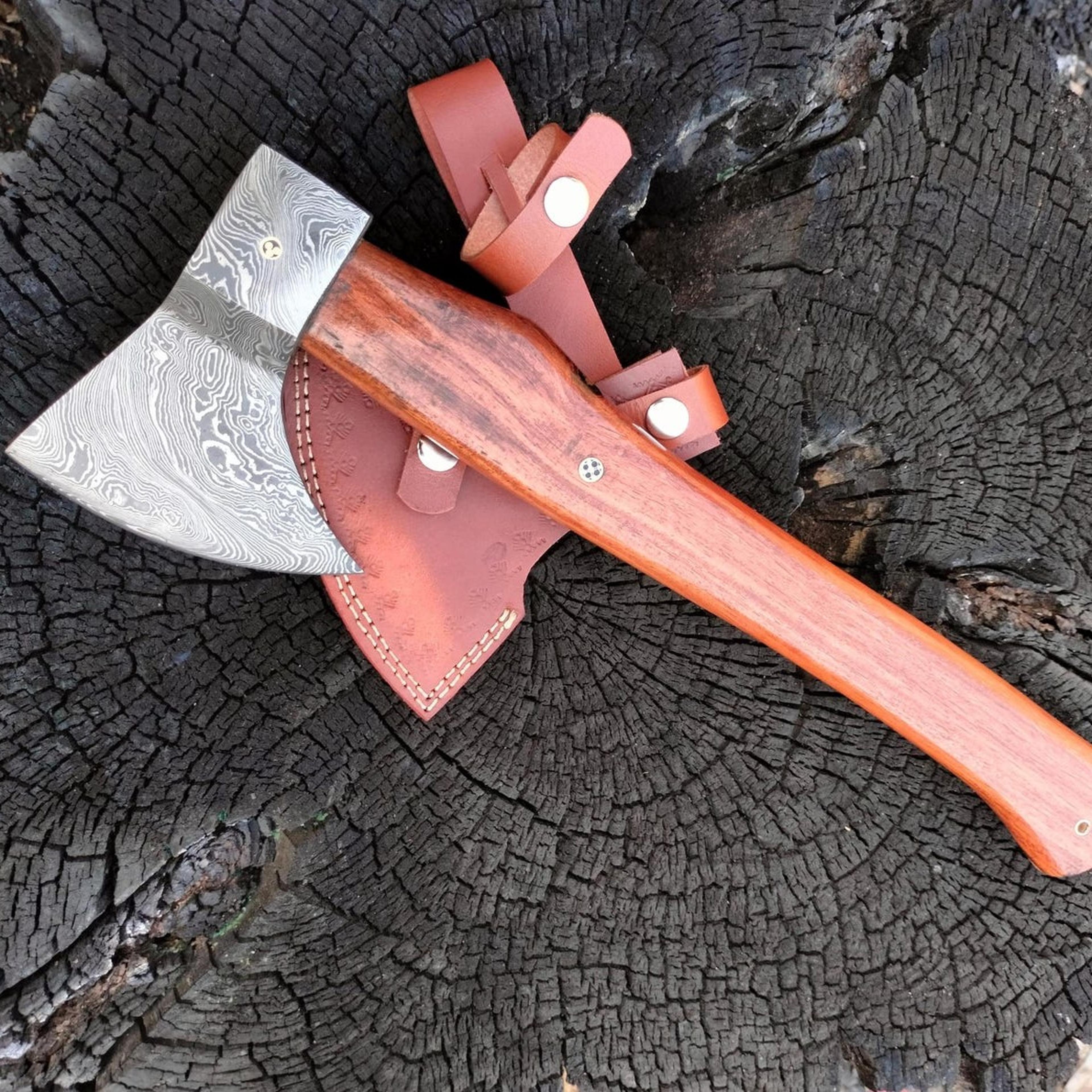 18in damascus camp axe with patterned steel head, hardwood handle & brown leather sheath | handmade outdoorsman gift