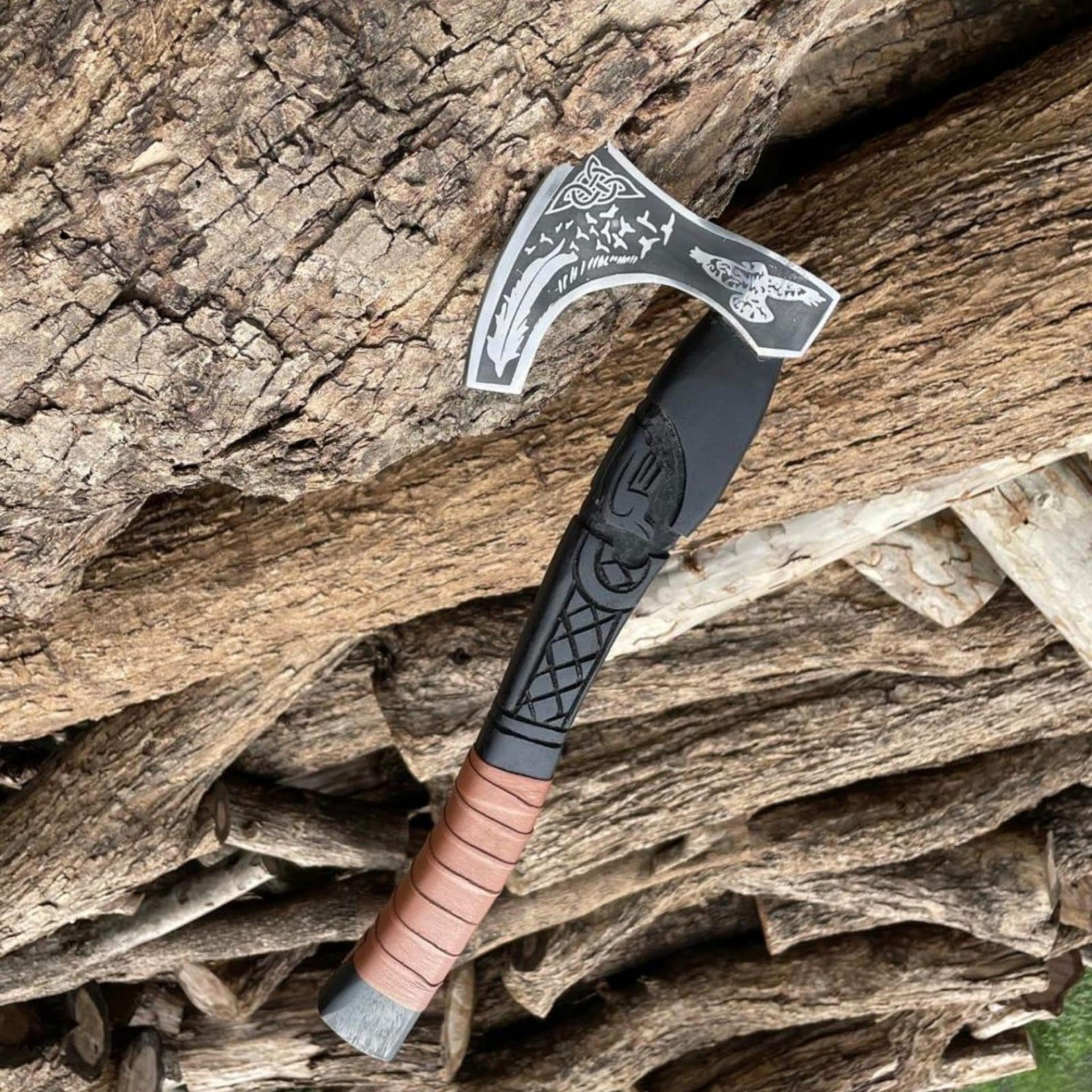 16in raven wing viking axe with engraved steel head, carved black wood handle & leather-wrapped grip
