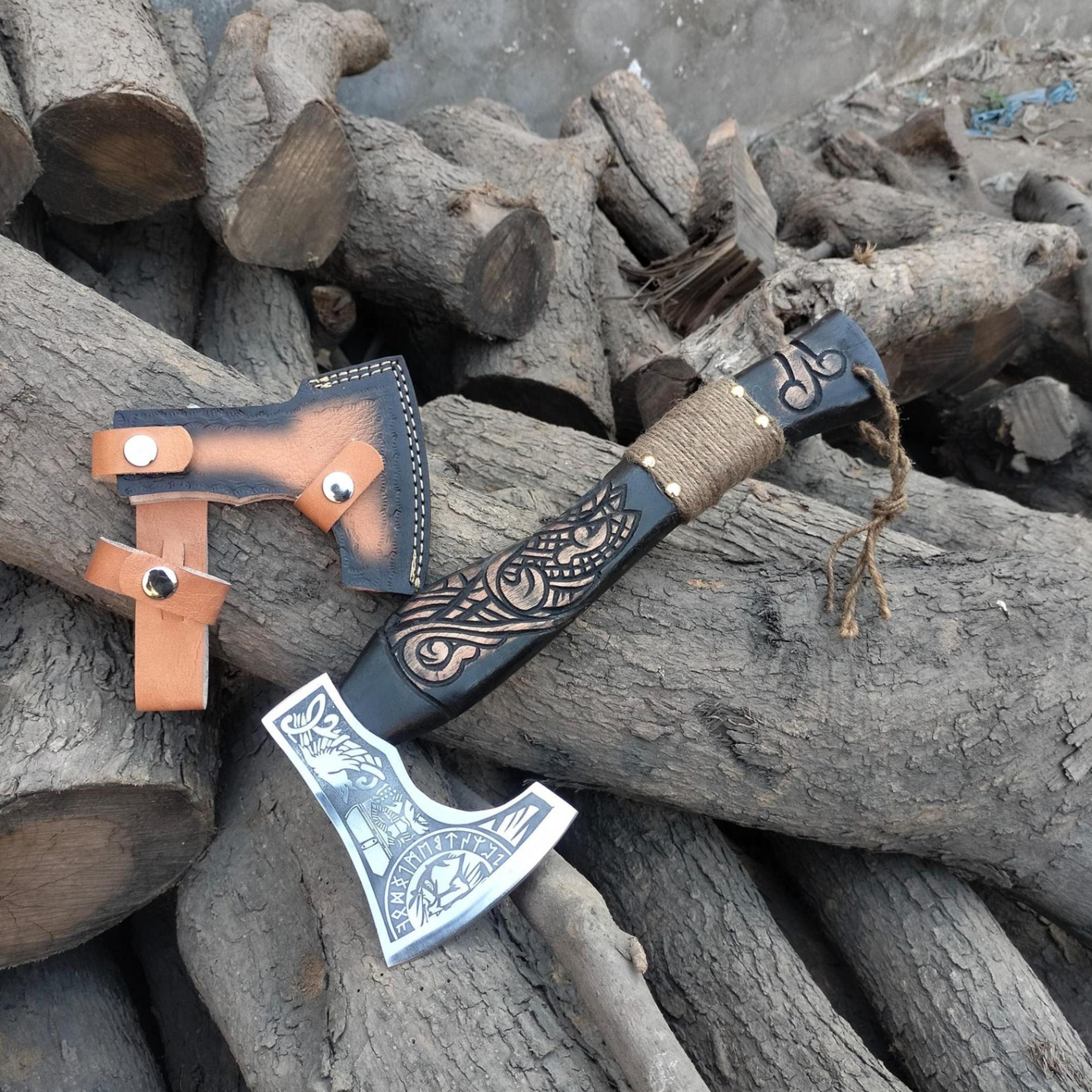 15in norse raven bearded axe with rune engraved steel head, carved wood grip & leather blade sheath