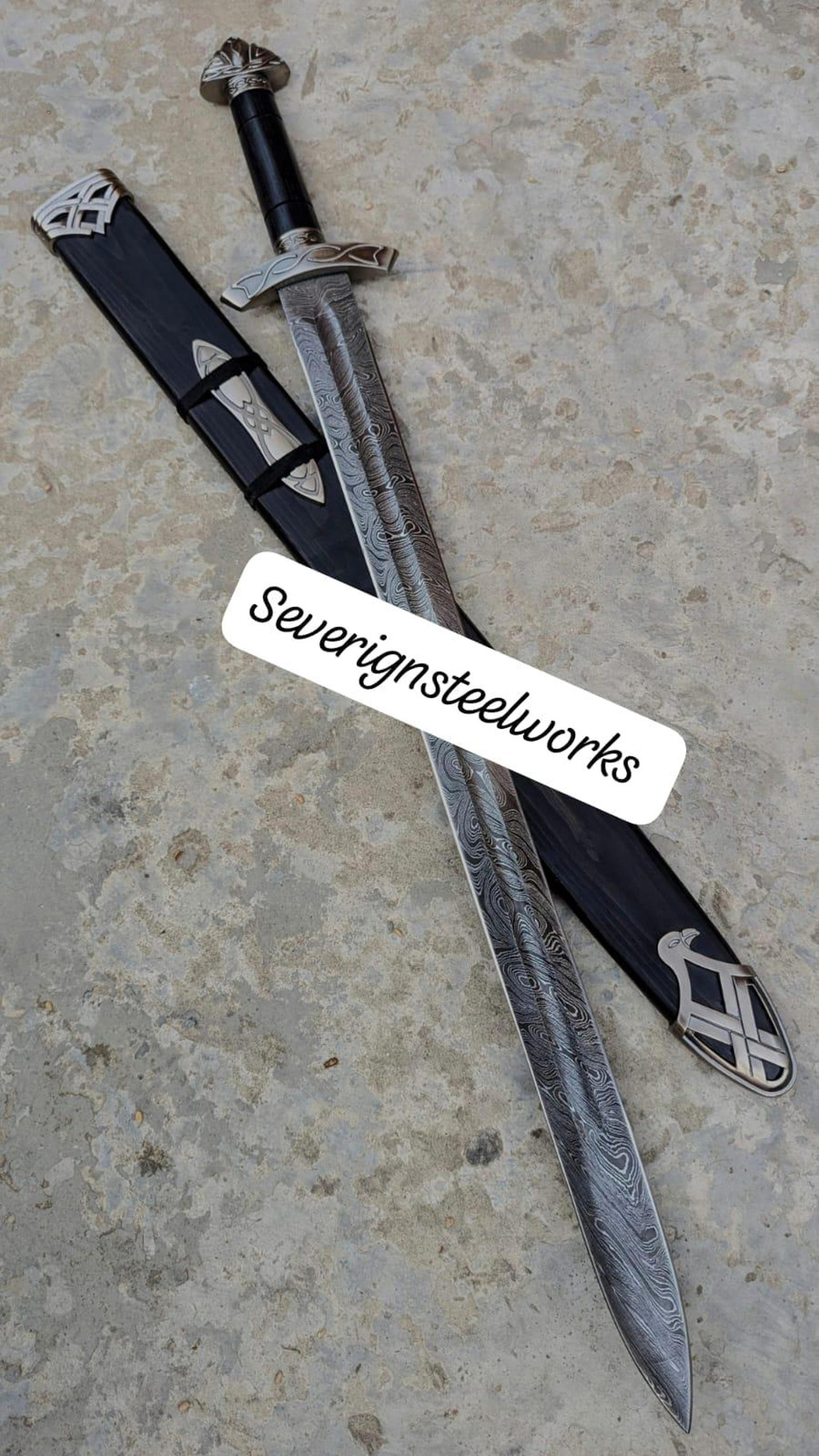 40in damascus medieval longsword with engraved steel blade, black grip & silver-fitted scabbard