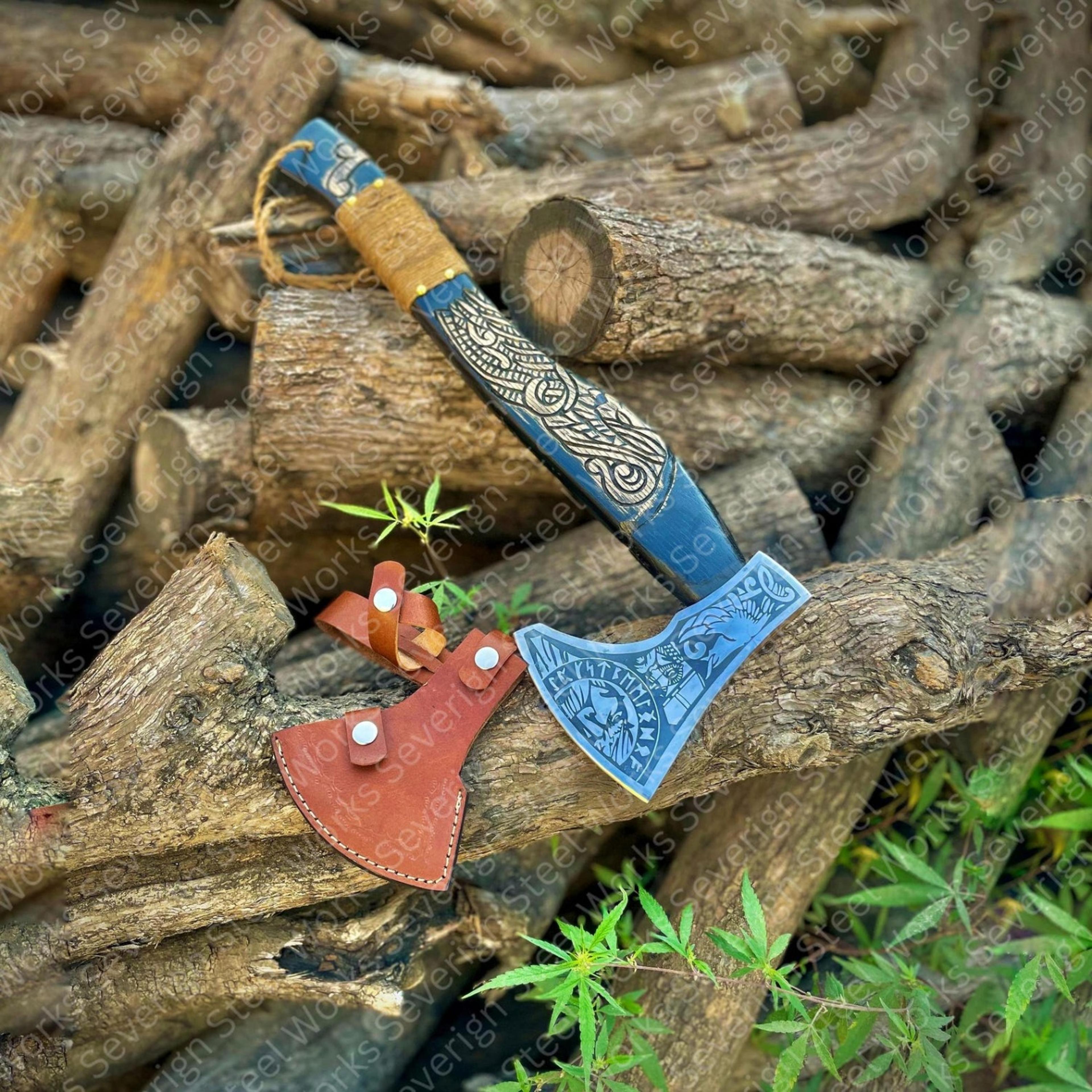 16in nordic viking bearded axe with rune engraved steel head, carved blue wood handle & leather sheath