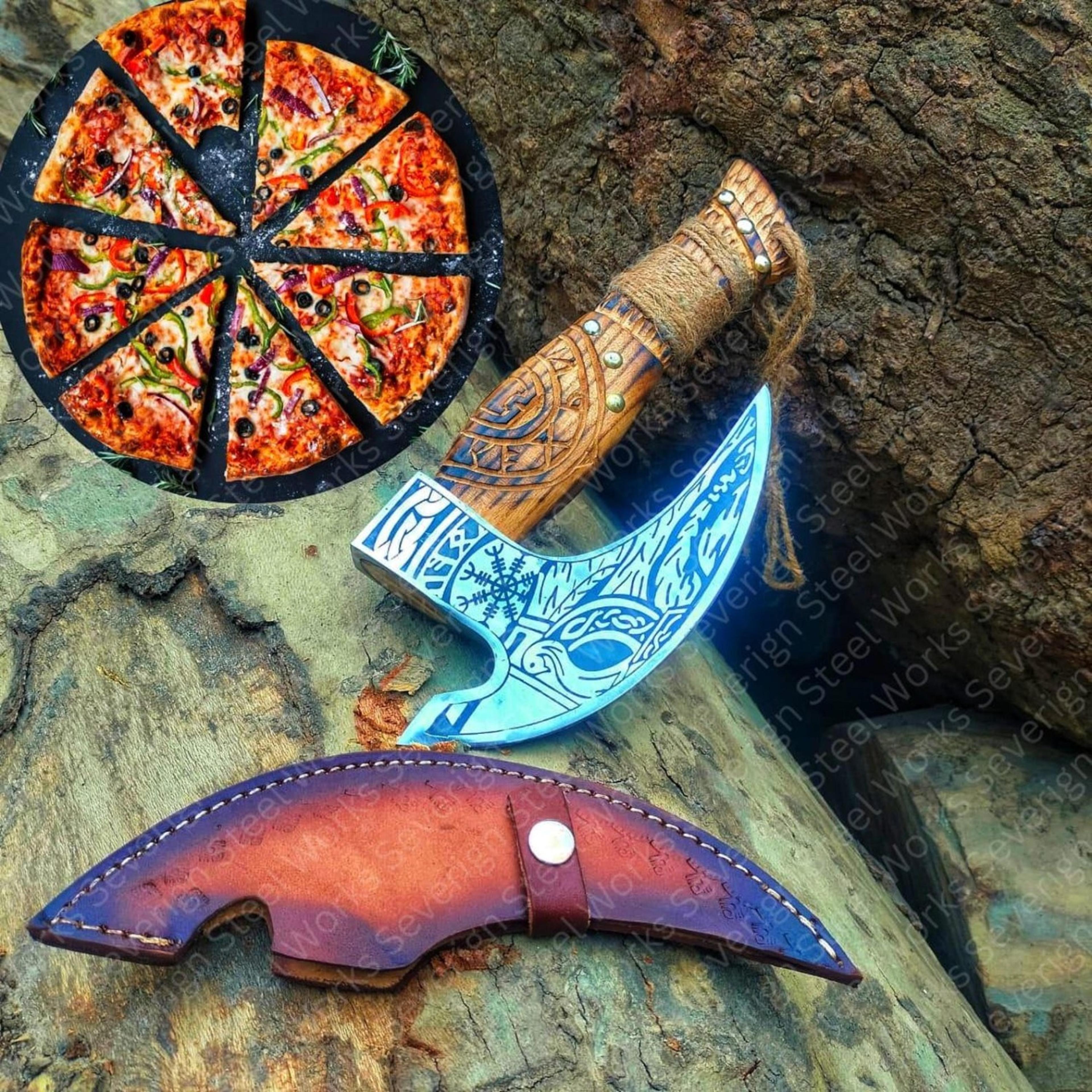14in viking rune bearded axe with engraved steel head, carved wood handle & brown leather sheath