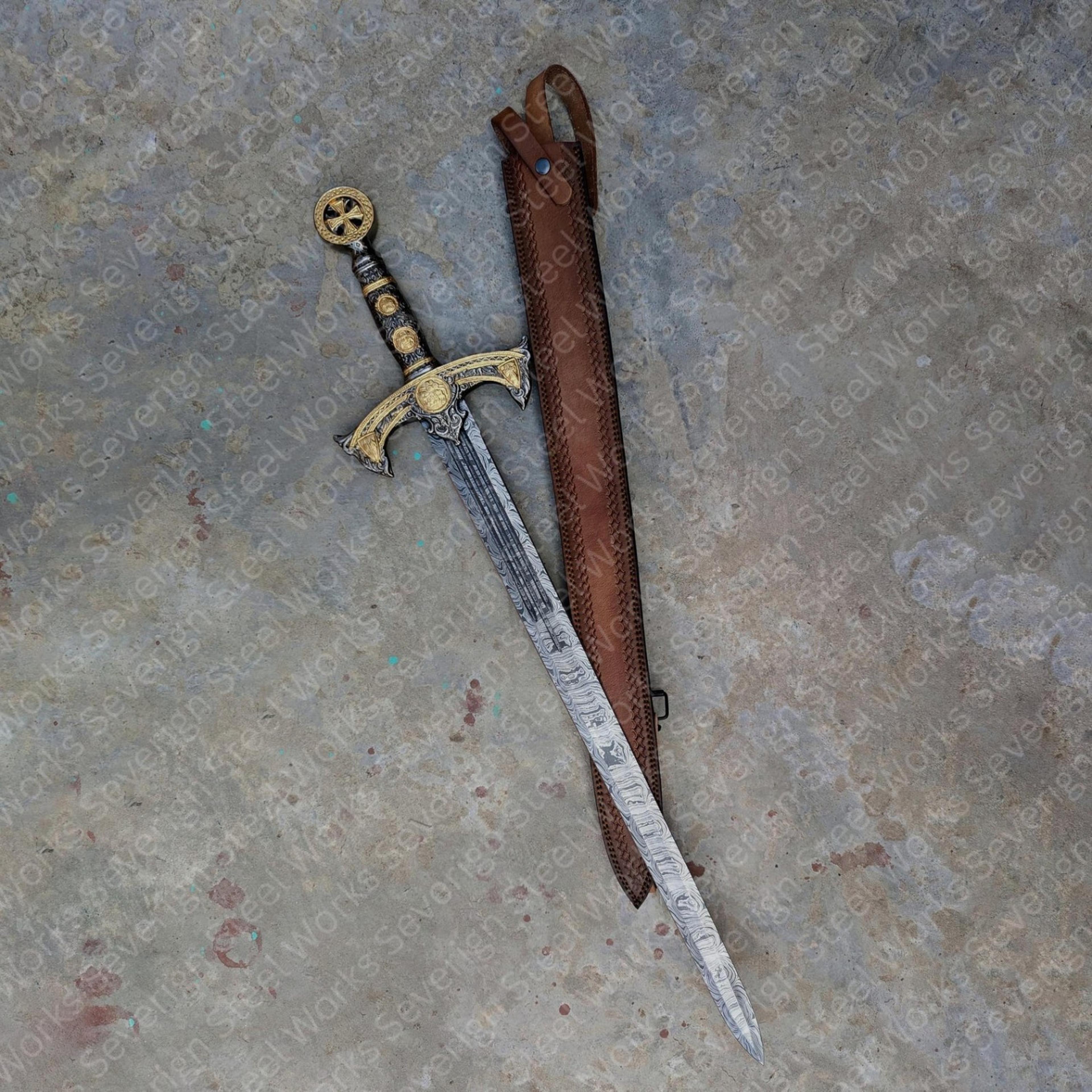 39in templar damascus longsword with gold cross guard, black grip & tooled brown leather sheath