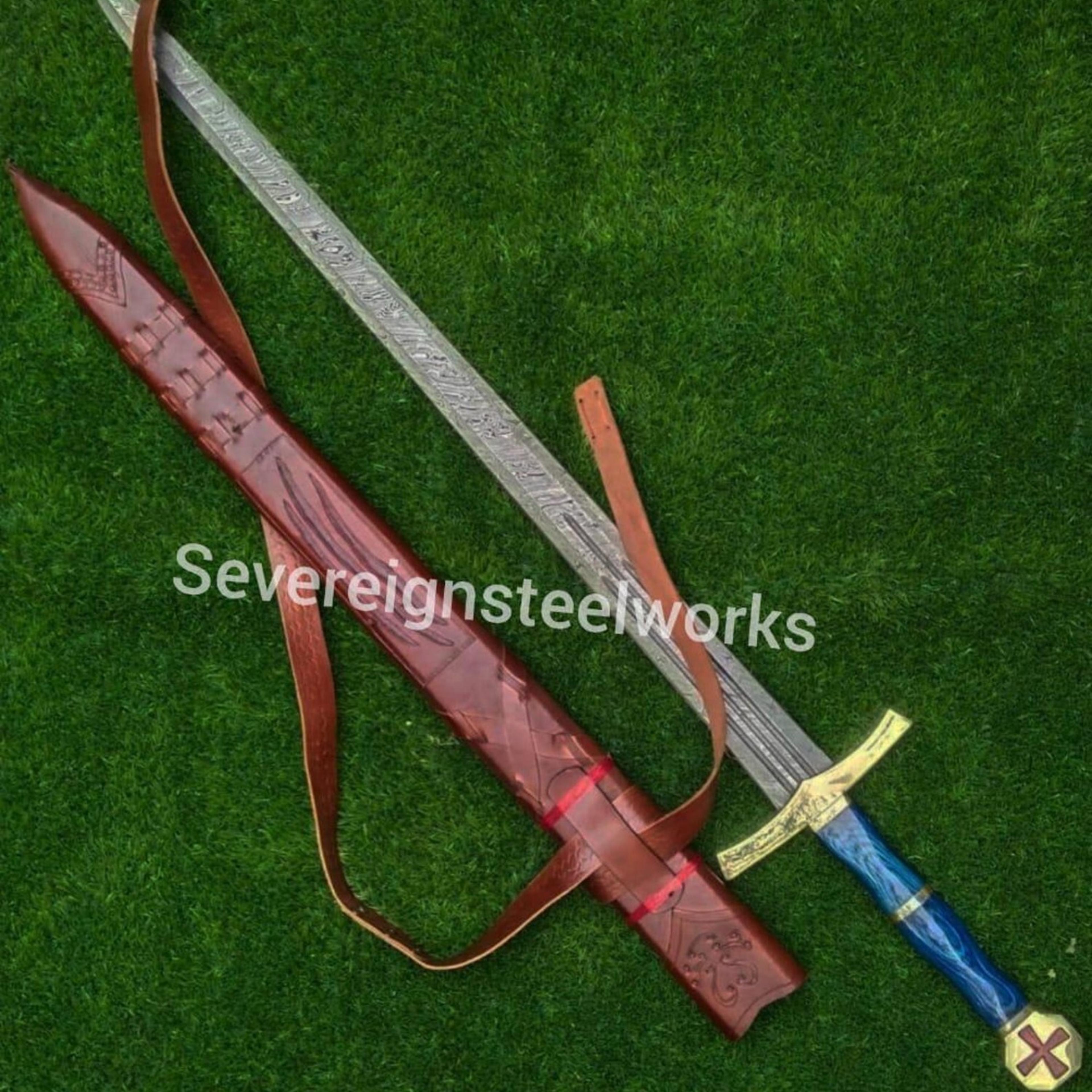40in knights templar longsword with engraved steel blade, blue grip & brown leather baldric sheath