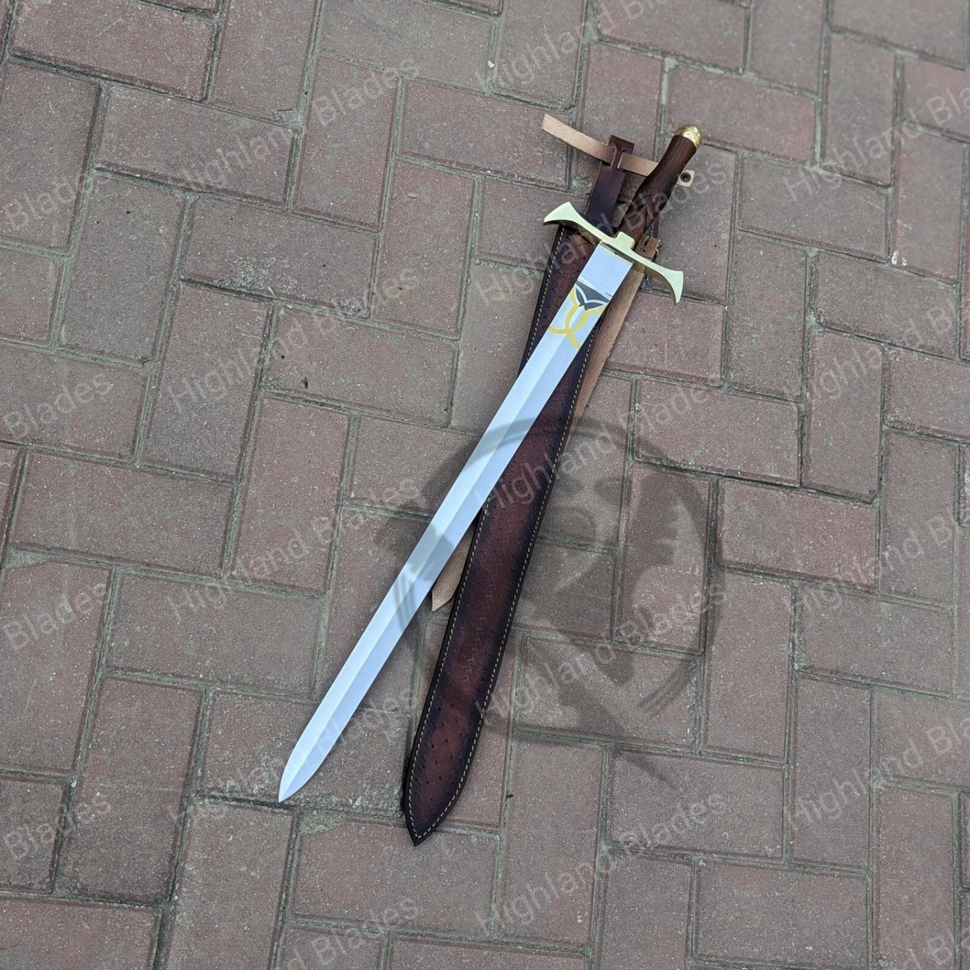 38in sun crest medieval longsword with polished steel blade, brown grip & tooled leather sheath
