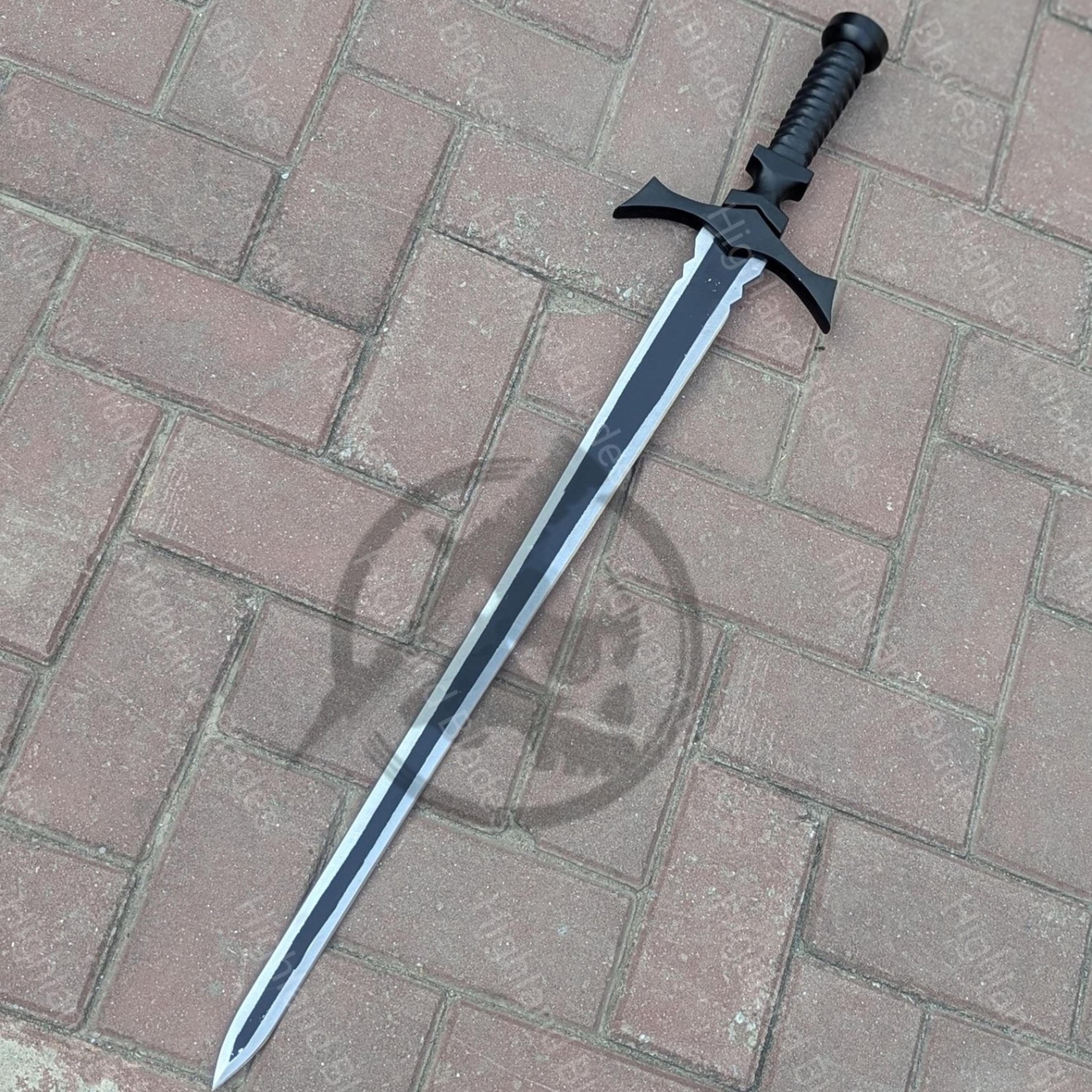 40in blacksteel fantasy longsword with dark steel blade, silver edge detail & sculpted black hilt