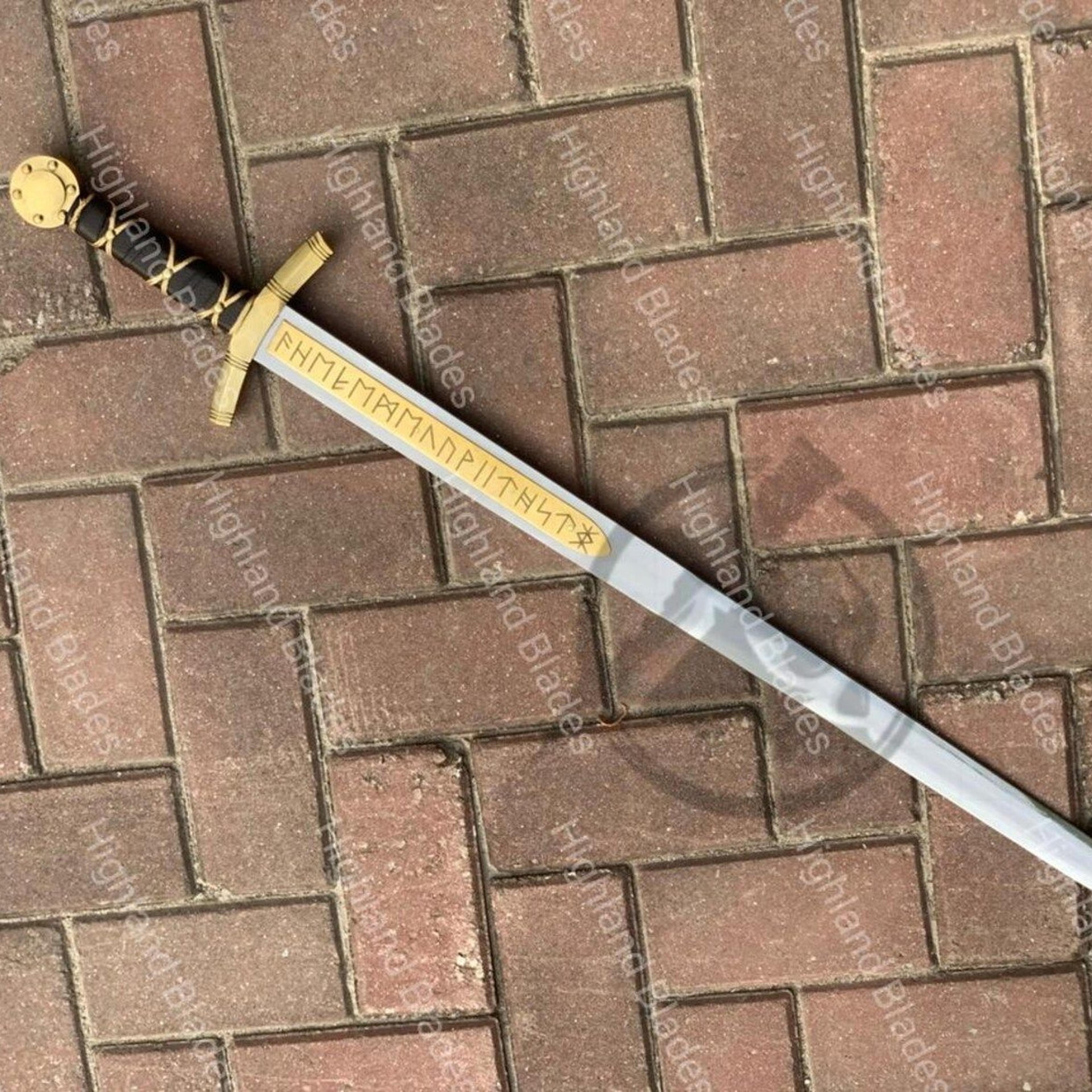 38in runic viking longsword with gold-inlay steel blade, black wrapped grip & brass crossguard