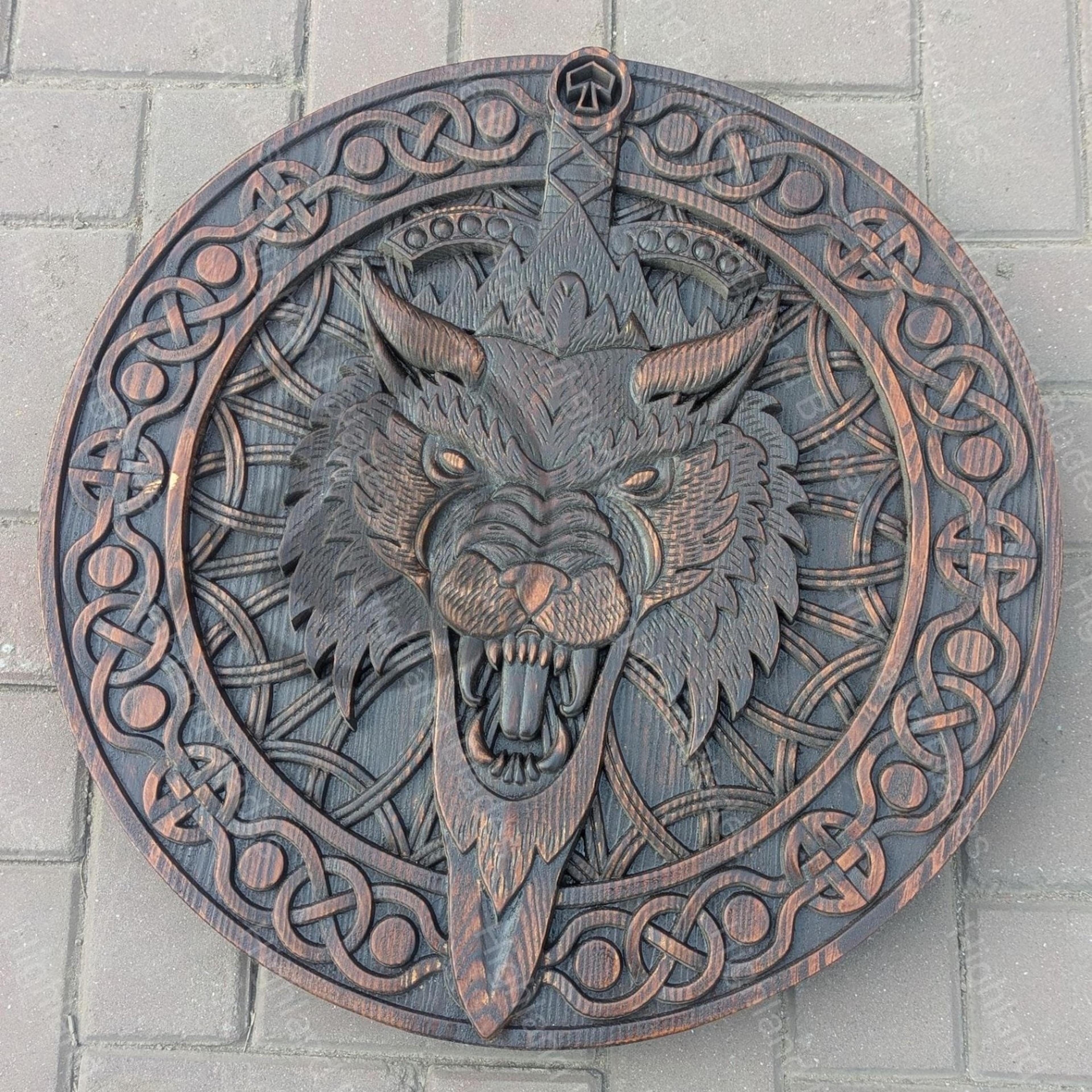24in viking wolf shield with carved nordic knotwork, fenrir head design & antique wood finish
