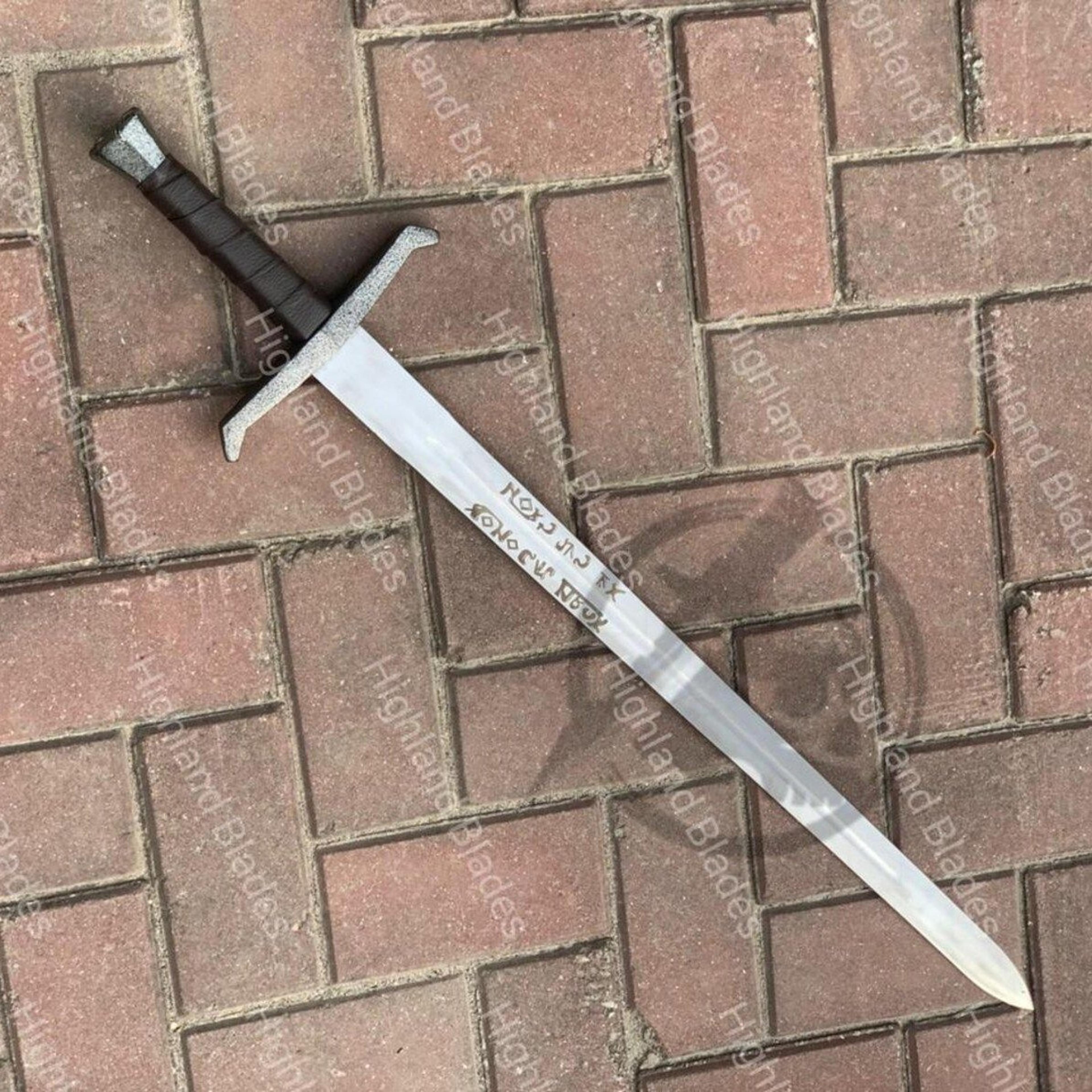 38in runic medieval longsword with polished steel blade, black leather grip & hammered silver guard