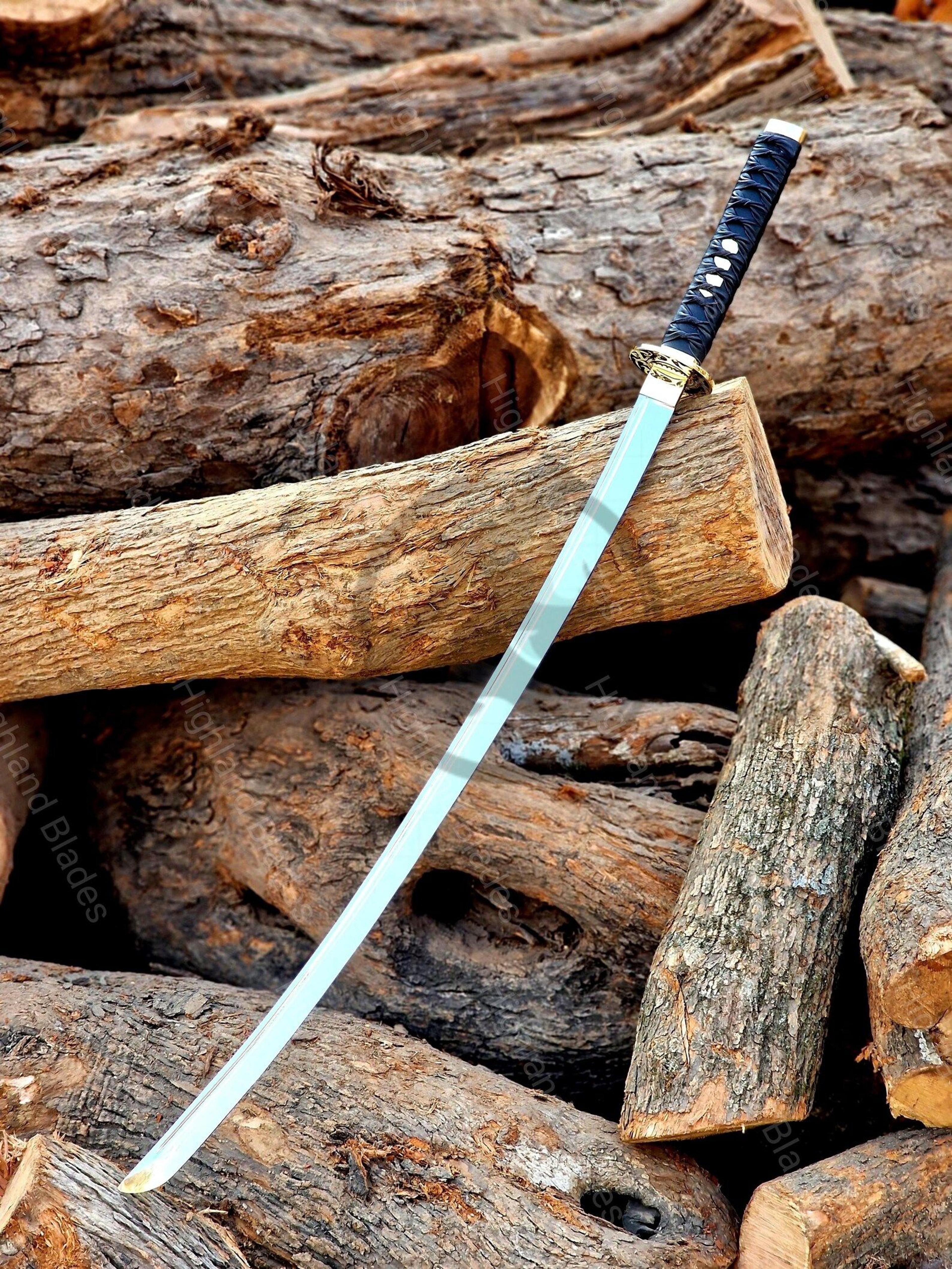 40in japanese katana sword with polished steel blade, black wrapped handle & gold tsuba