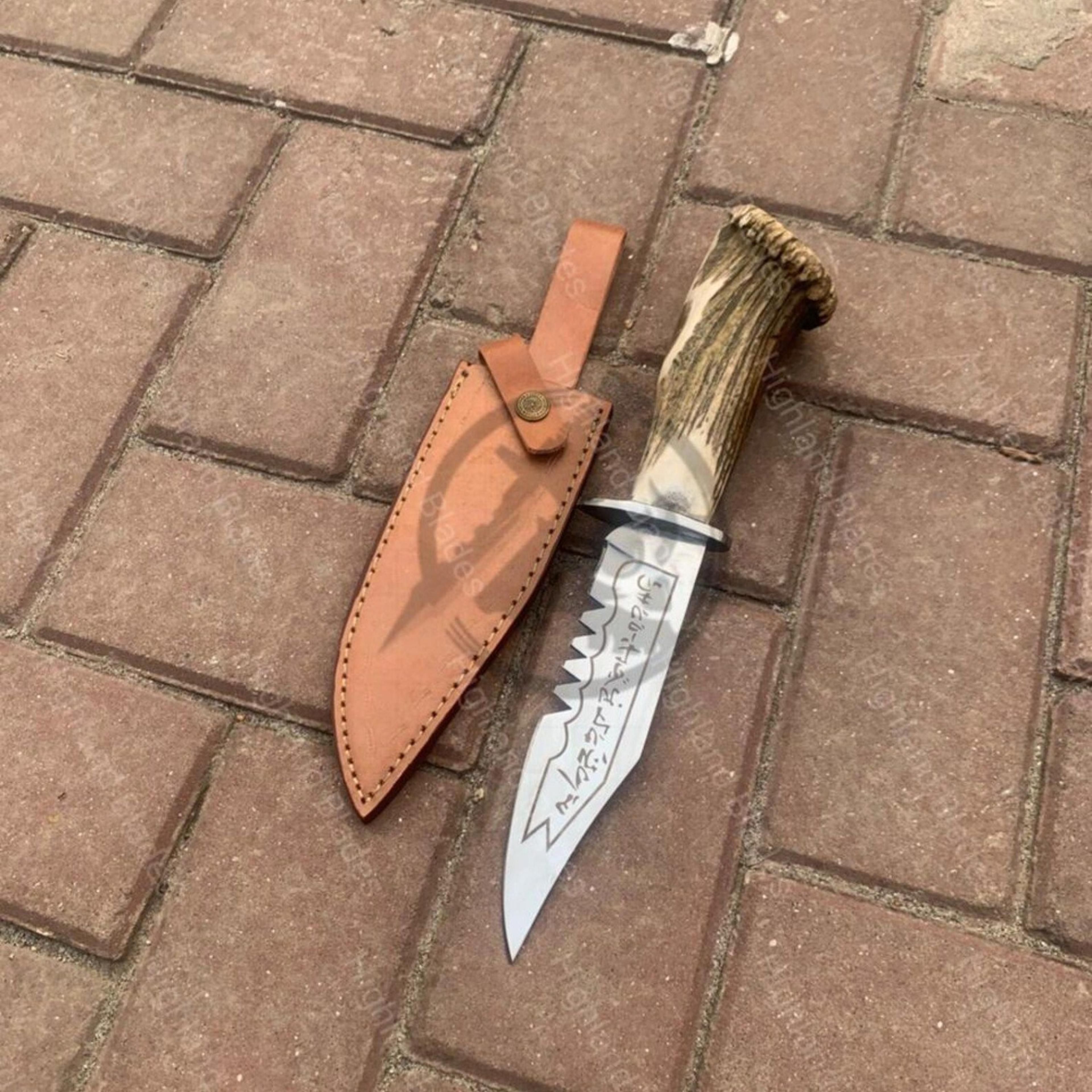 13in stag horn tracker bowie knife with engraved steel blade & hand-stitched brown leather sheath