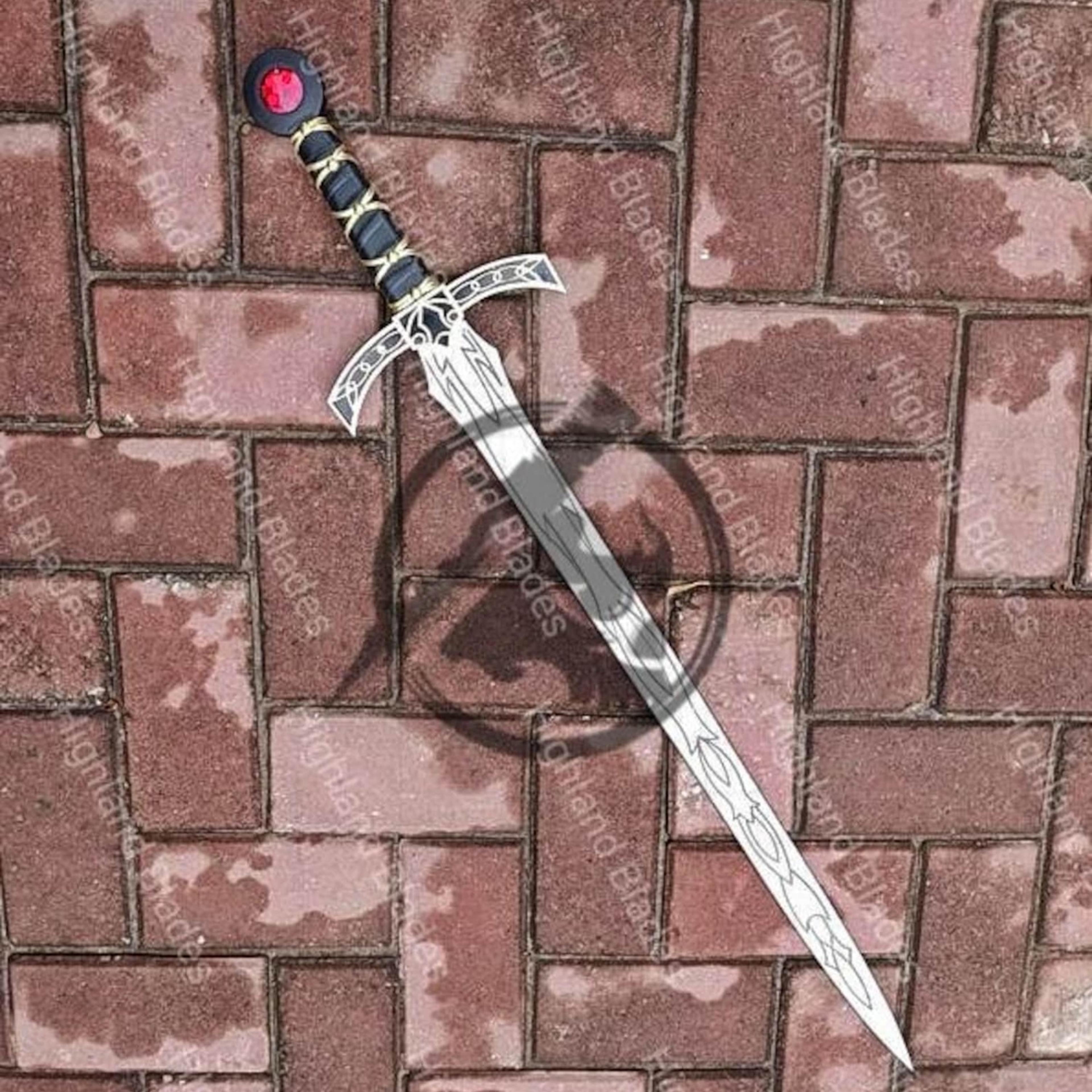 36in ruby pommel fantasy longsword with engraved steel blade, black grip & silver crossguard