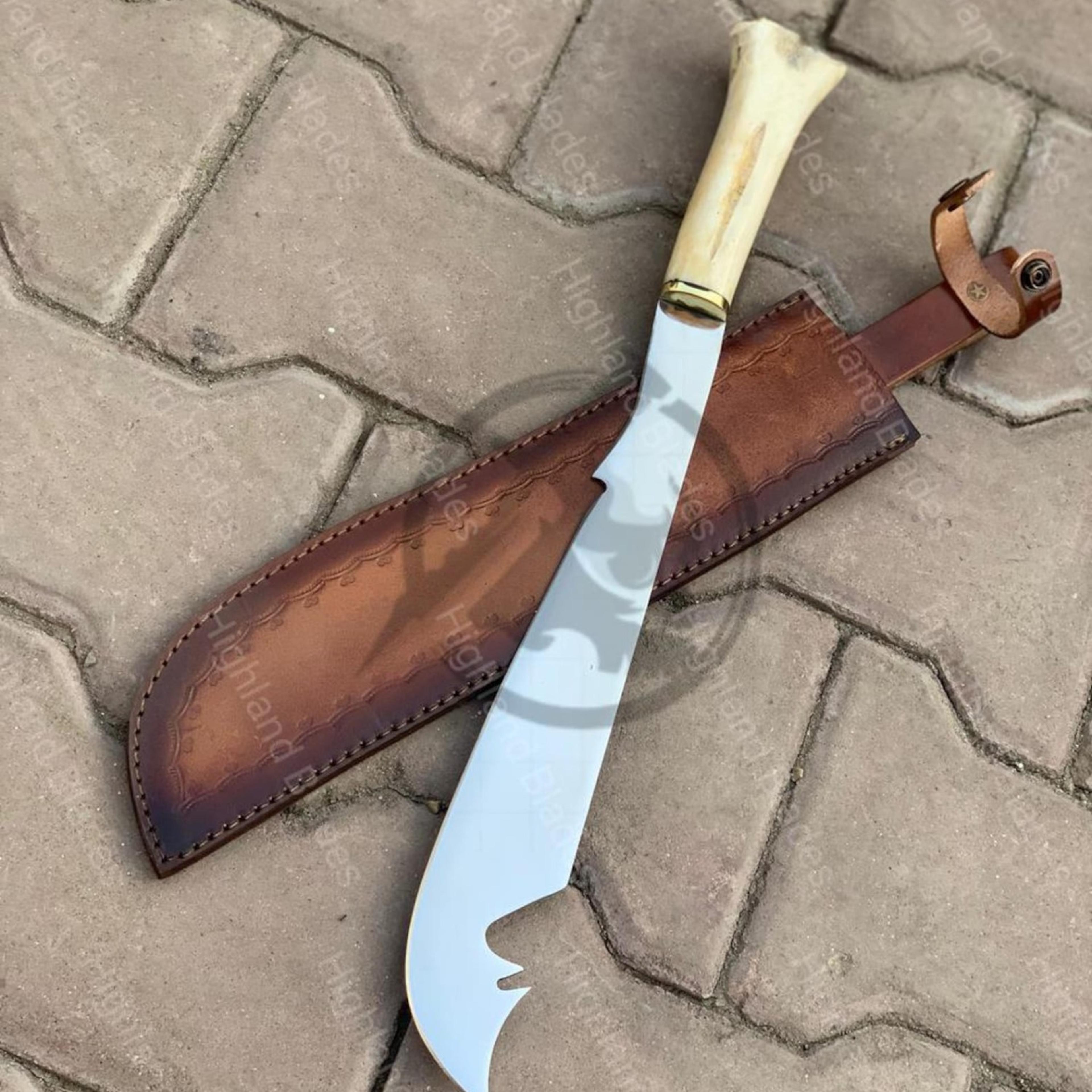 18in bone handle billhook machete with polished steel blade & brown leather sheath | handmade camp chopper