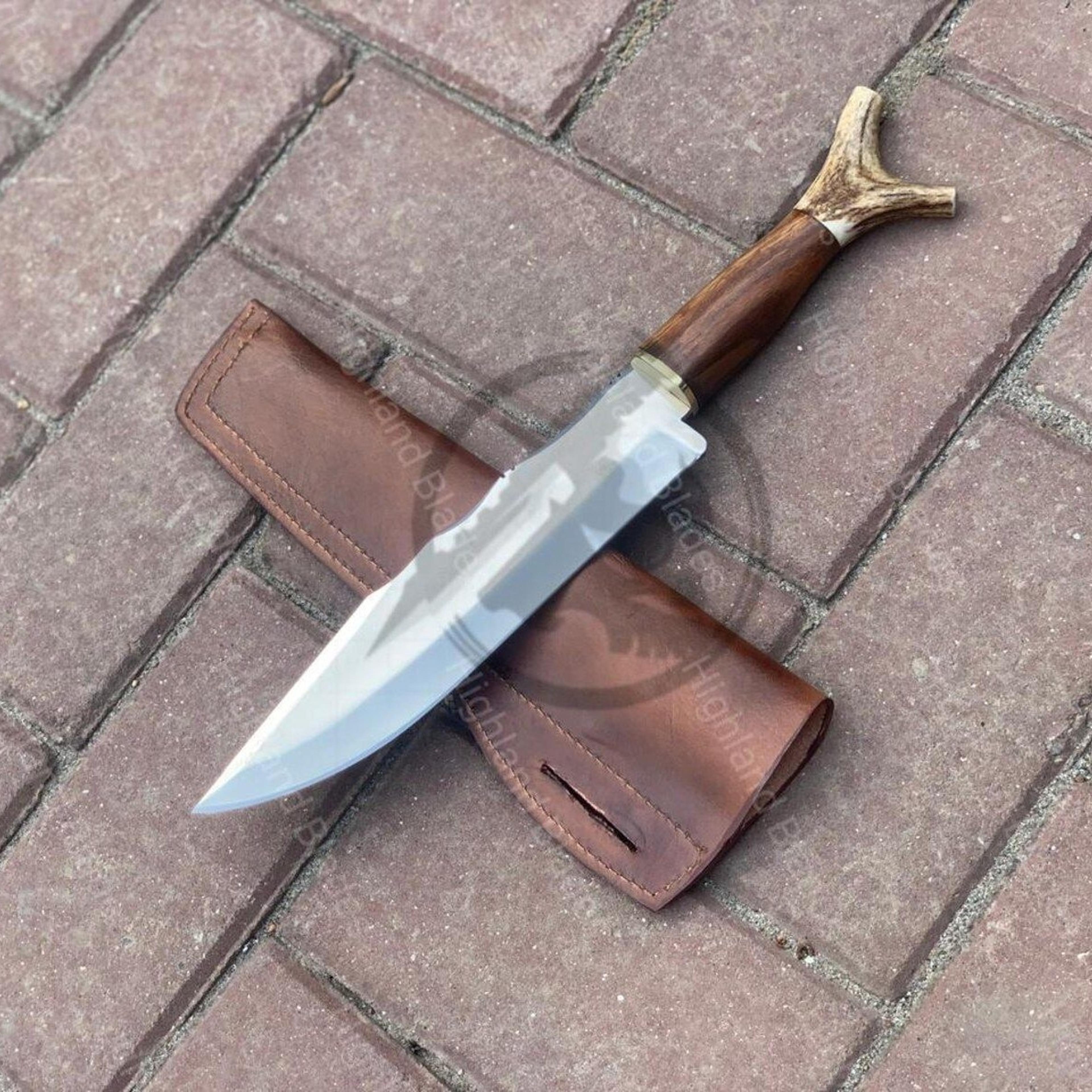 12.5in stag pommel hunting knife with polished steel blade, rosewood handle & brown leather sheath