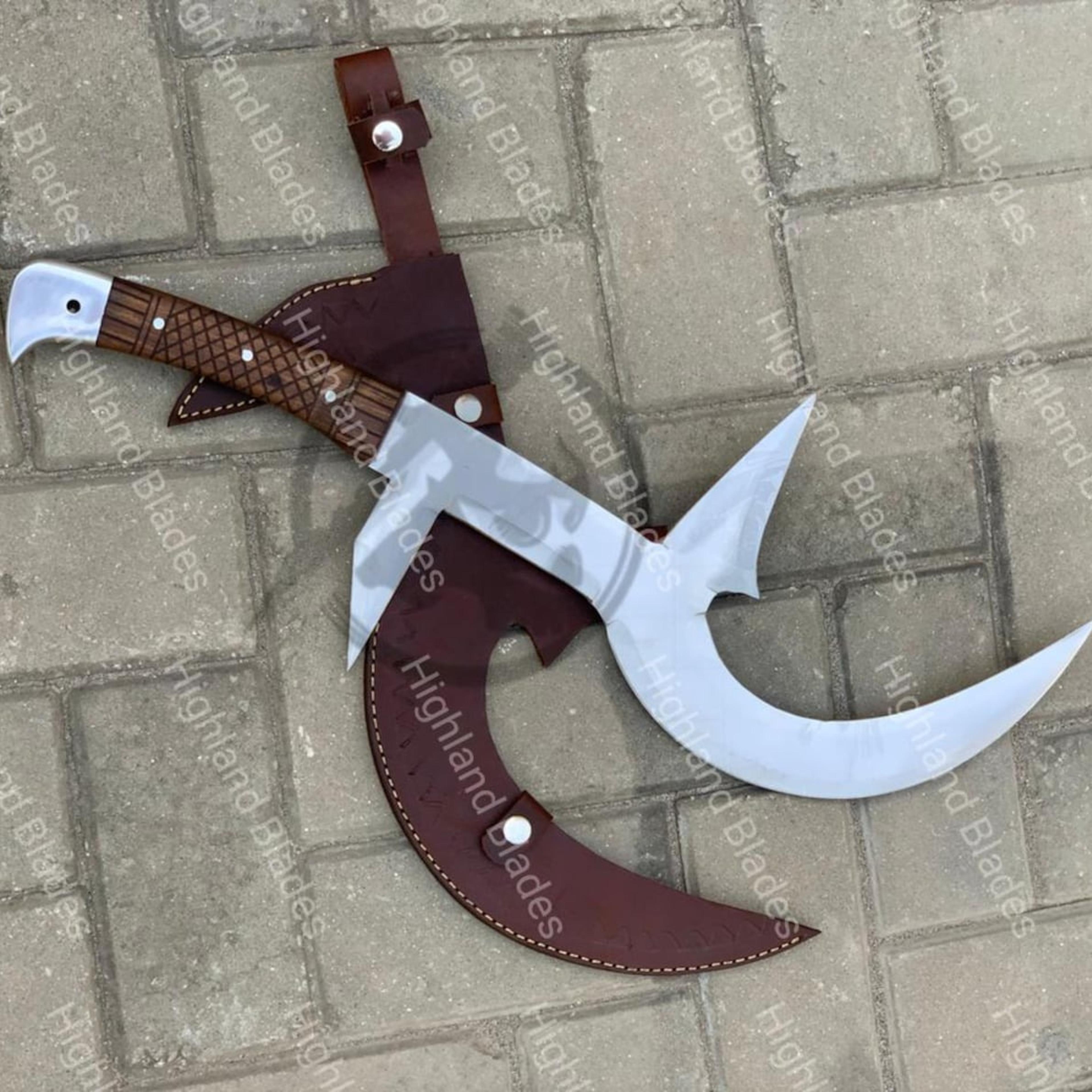 21in crescent halberd dagger with curved steel blade, carved wood handle & brown leather sheath
