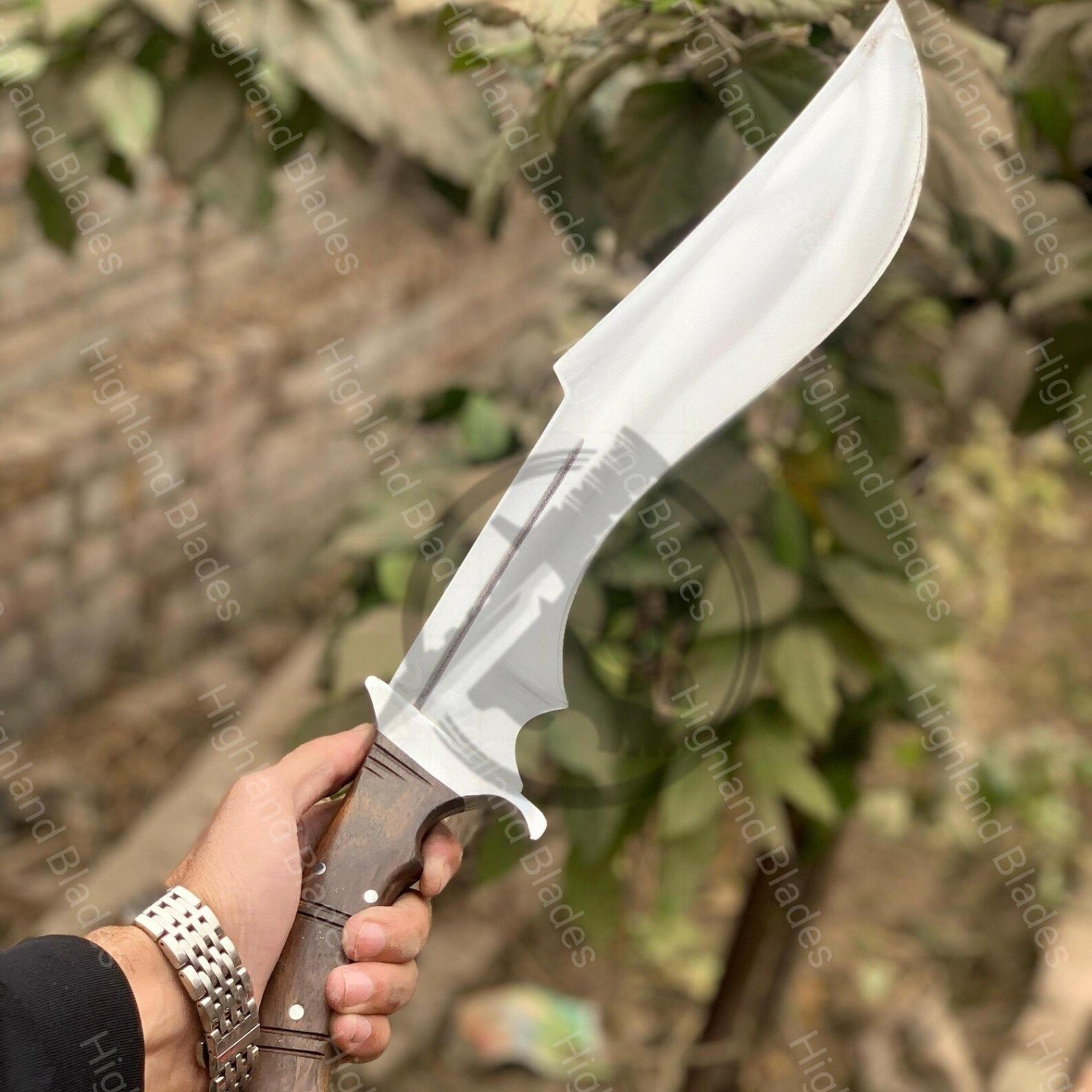20in fantasy kukri machete with polished steel blade, hardwood handle & sculpted hook guard