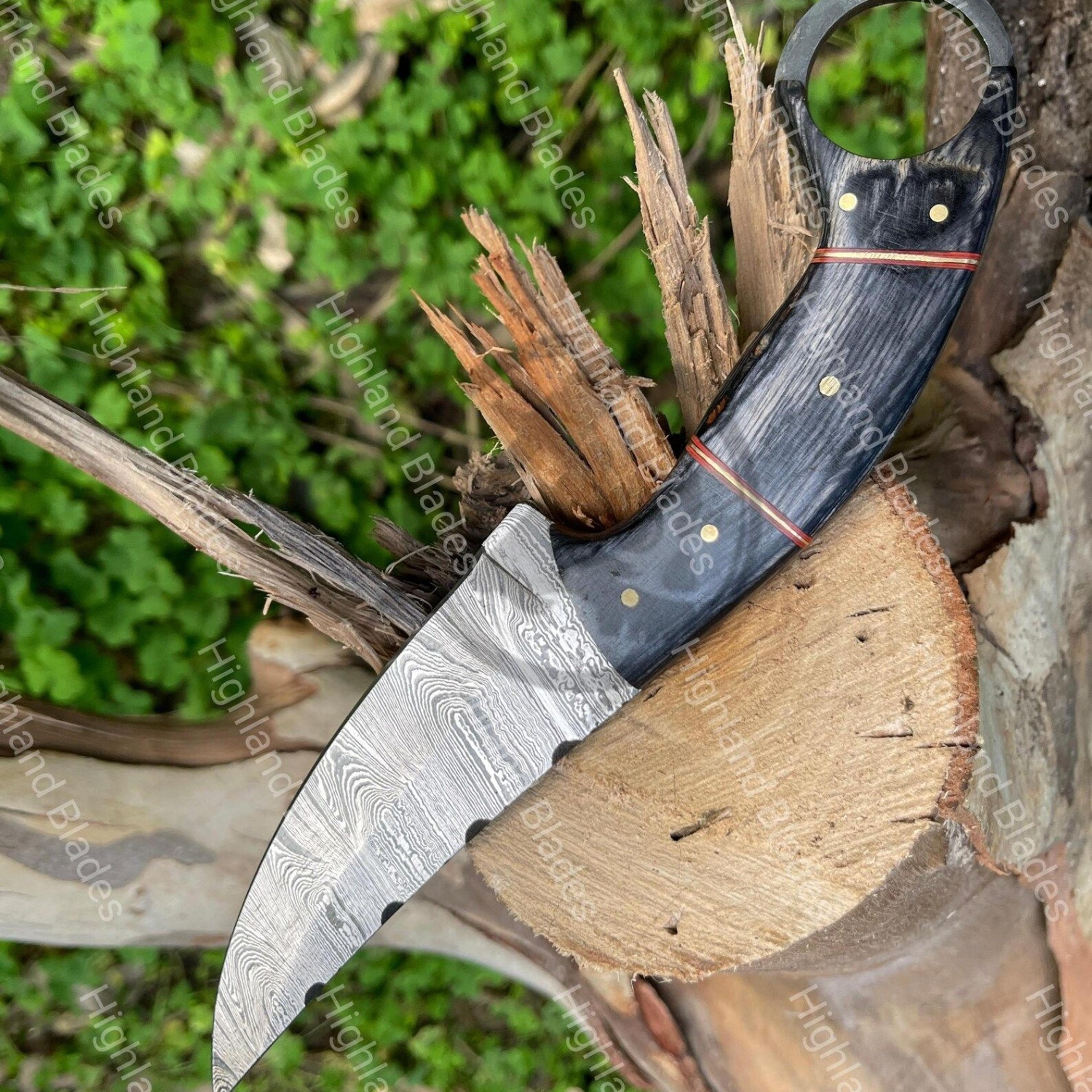 10in damascus cleaver knife with patterned steel blade, black wood handle & ring pommel