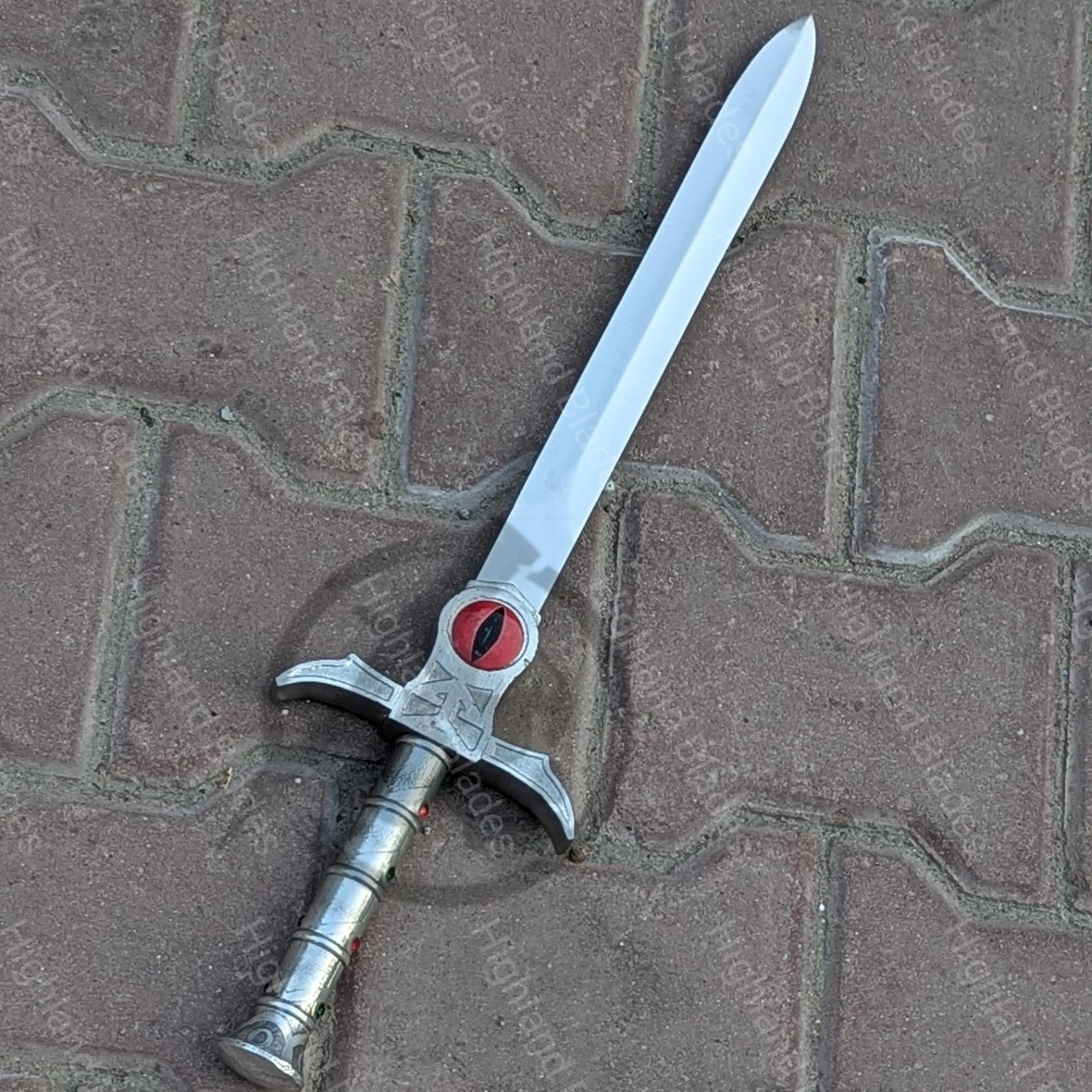 30in sword of omens replica with steel blade, eye of thundera guard & silver fantasy hilt