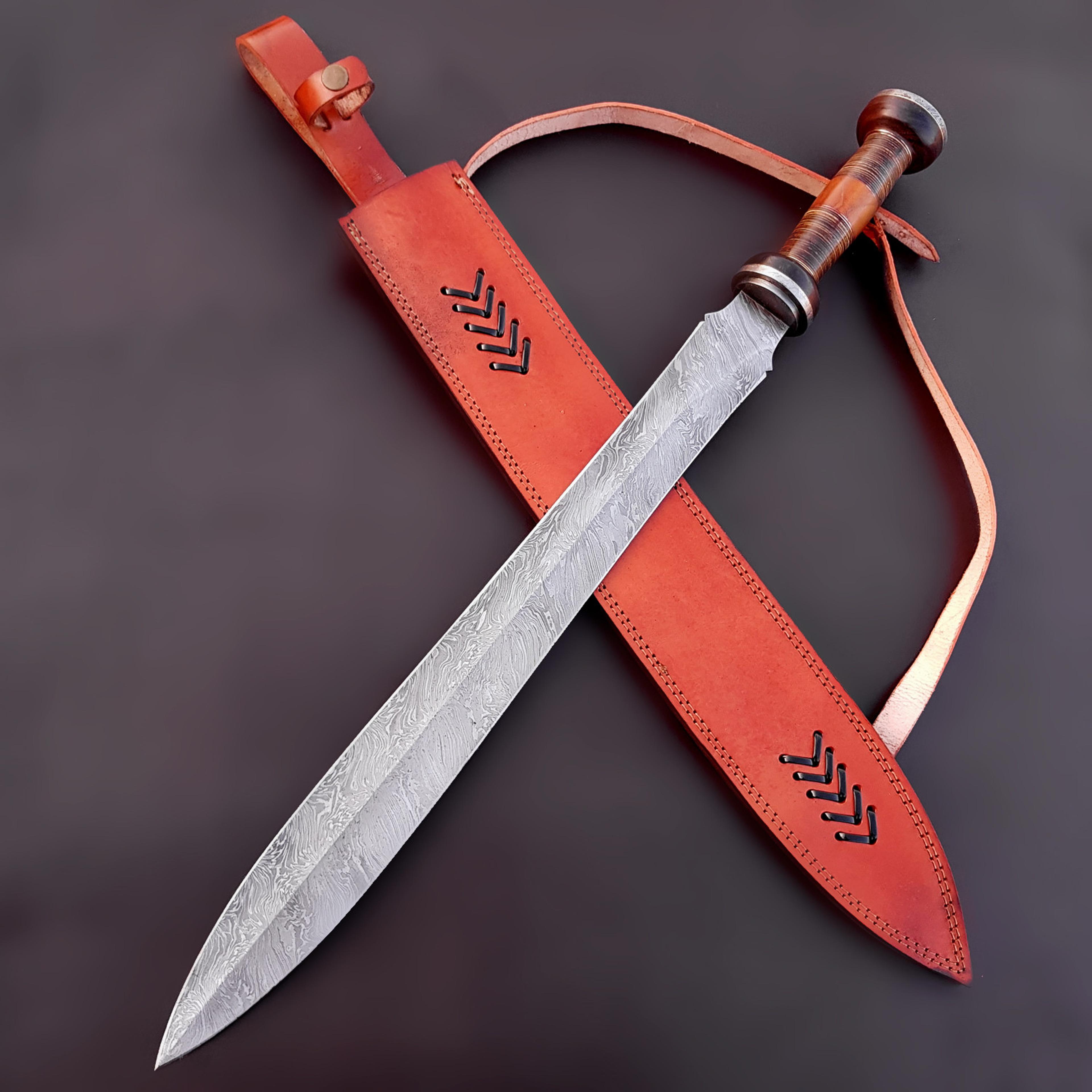 "custom handmade premium quality hunting sword with damascus steel blade & pure cow hide leather sheath"